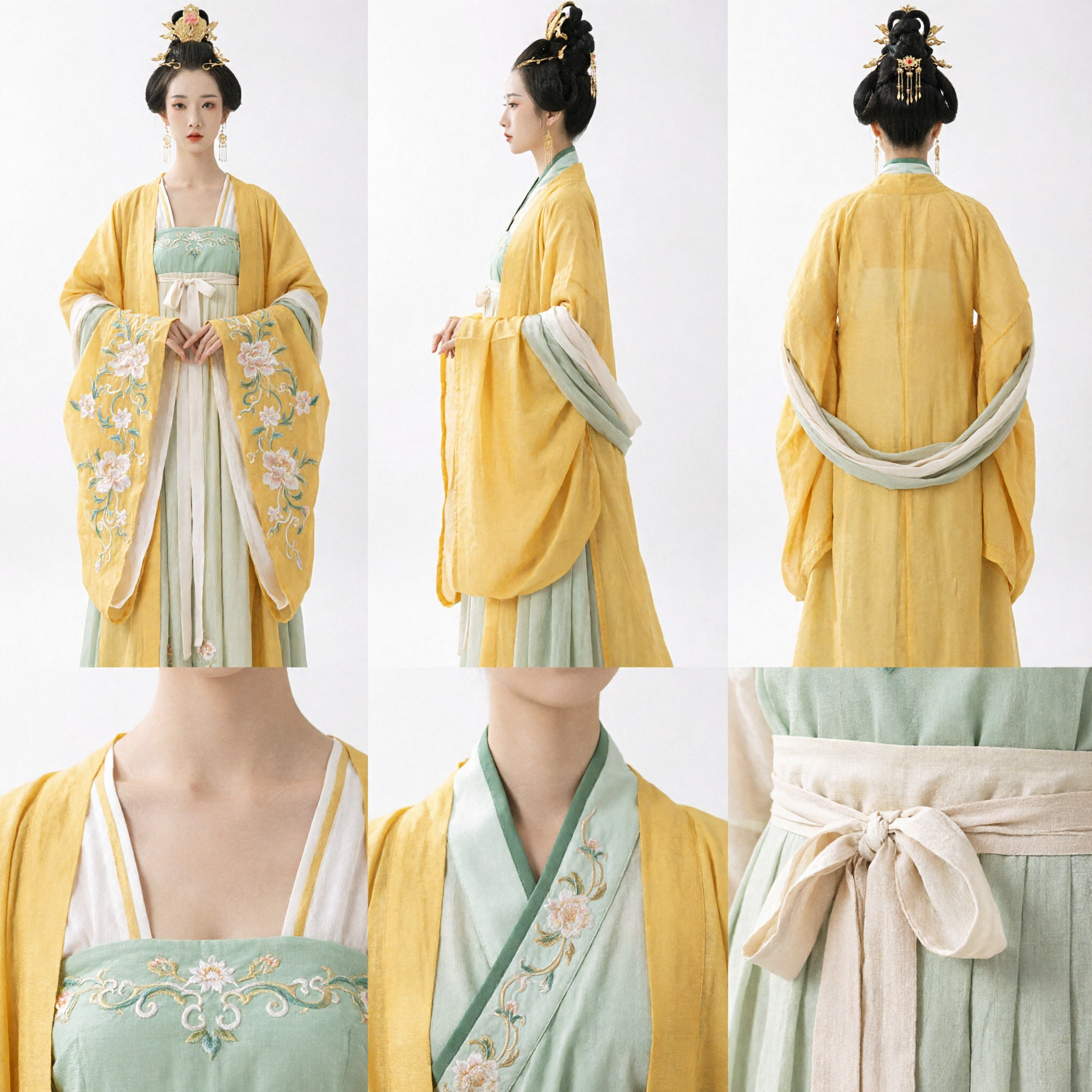 Elegant Traditional Chinese Hanfu Tang Dynasty Ruqun Set Yellow Robe Green Embroidered Top for Women