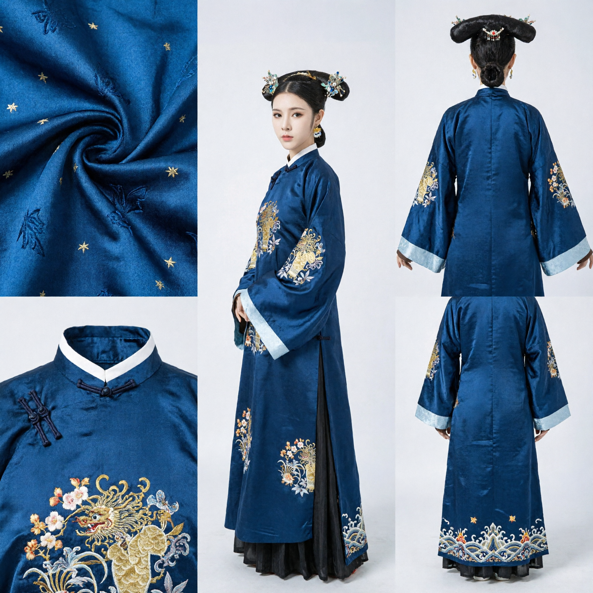 Elegant Navy Blue Qing Dynasty Manchu Style Embroidered Robe Traditional Chinese Costume for Women