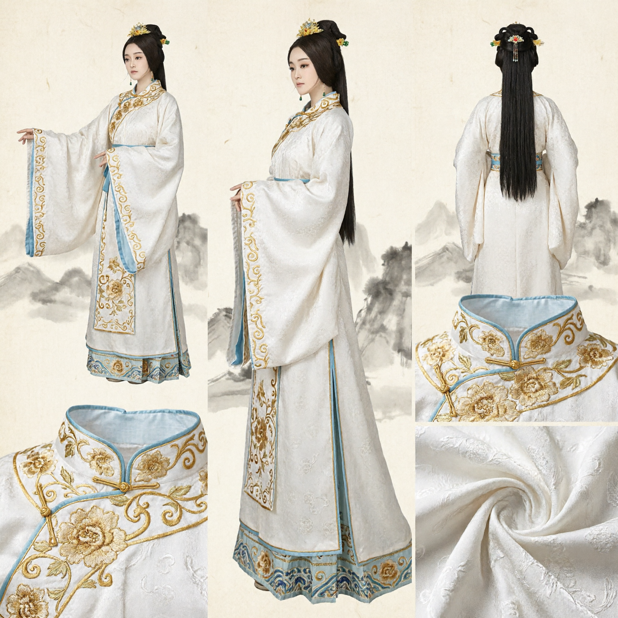 Traditional Chinese Ancient White Hanfu Robe with Gold Embroidery Elegant Fairy Costume for Women Cosplay Performance