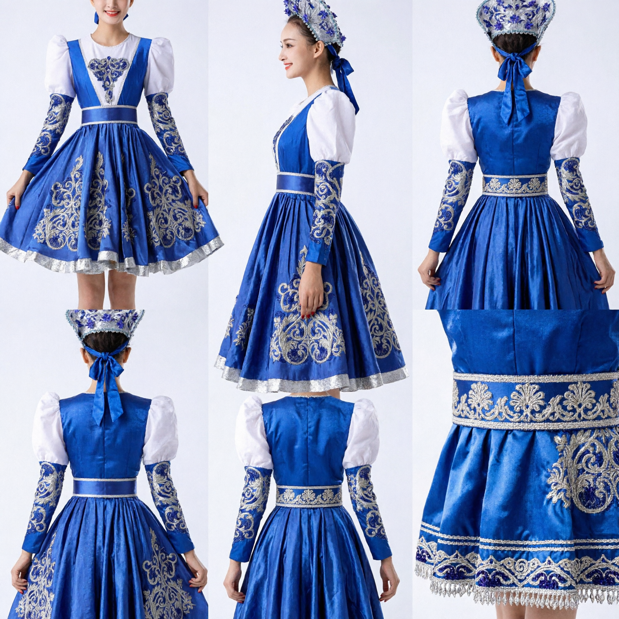Women's Blue Russian Folk Dance Costume Traditional Stage Performance Dress with Matching Kokoshnik Headdress
