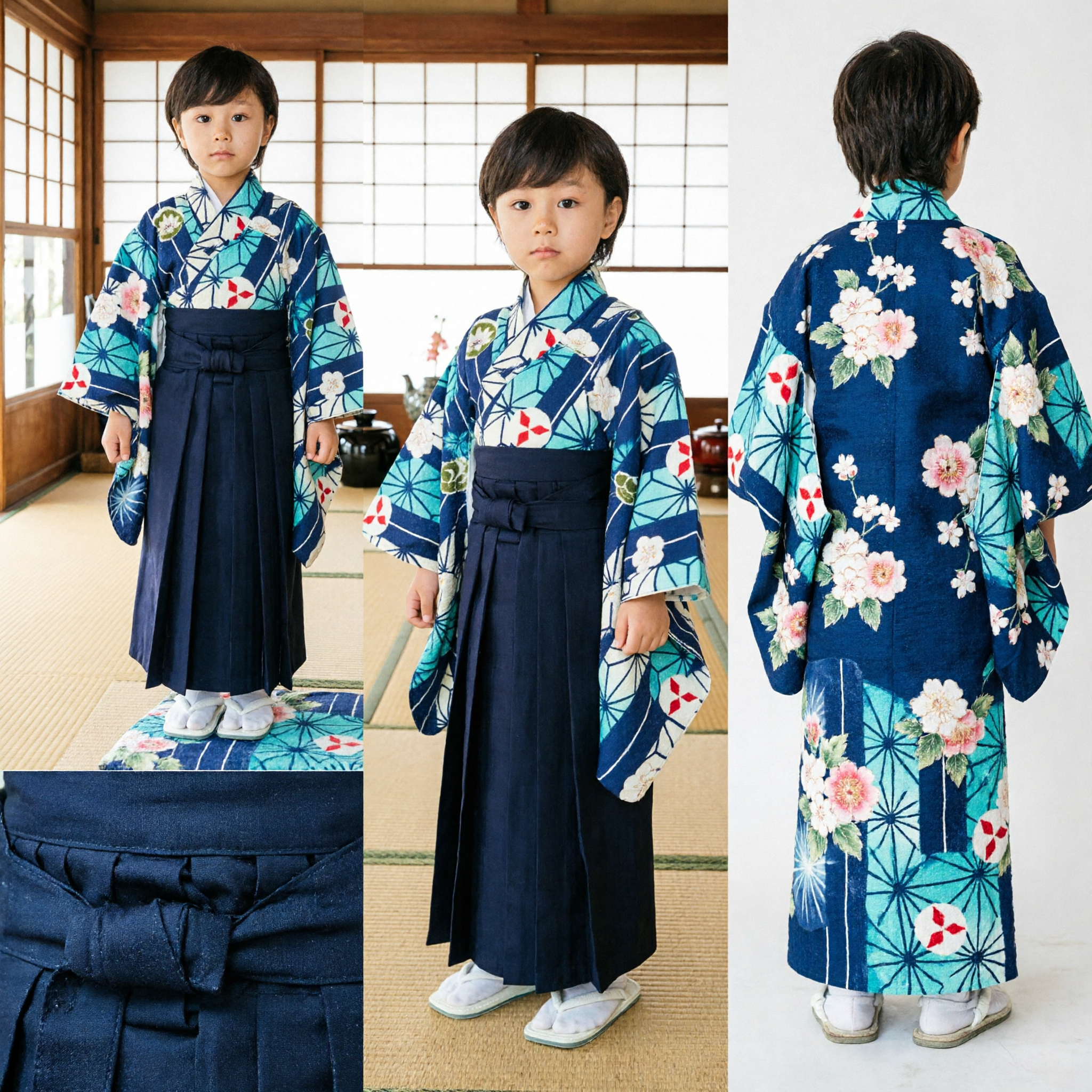 Traditional Blue Patterned Japanese Boy Kimono Set with Black Hakama Costume for Shichi-Go-San
