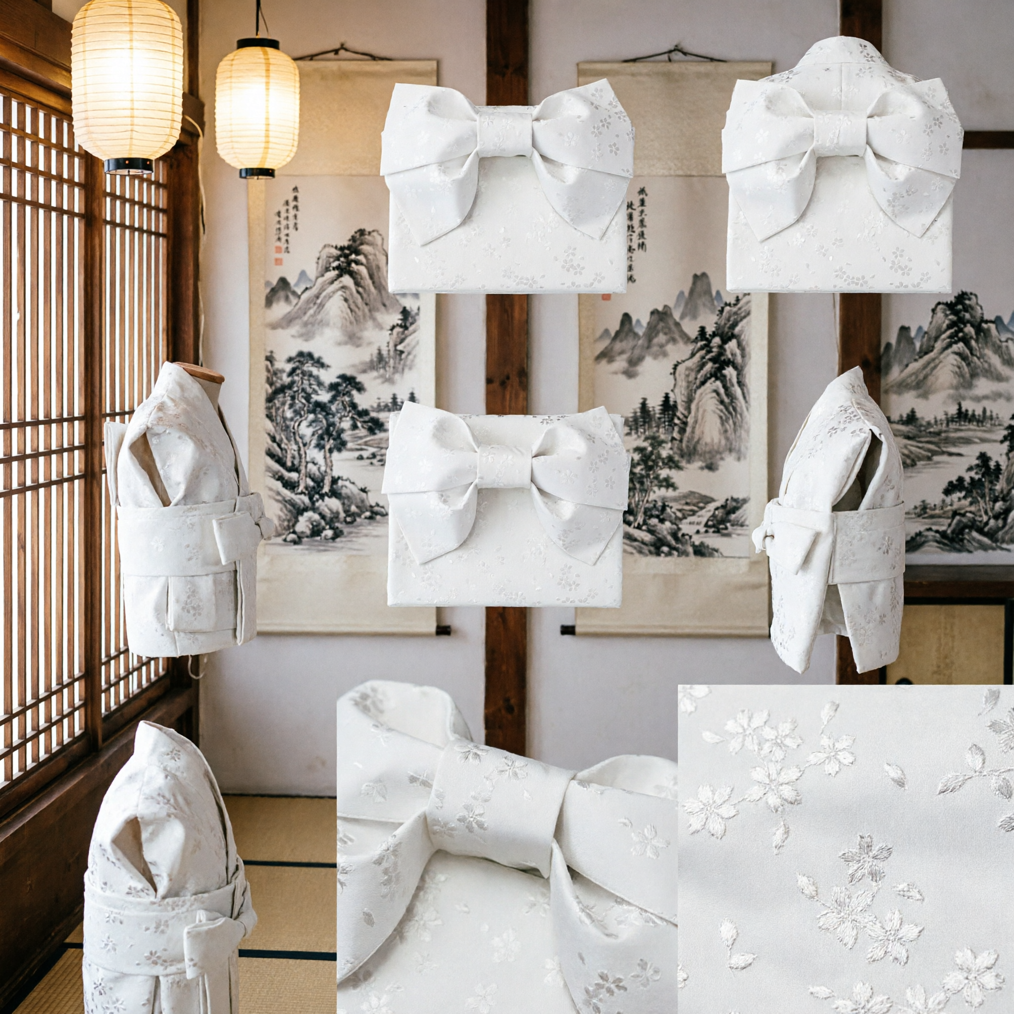 Exquisite White Floral Pattern Bow Sash for Traditional Japanese Kimono Yukata Hanfu Costume Wedding Accessory