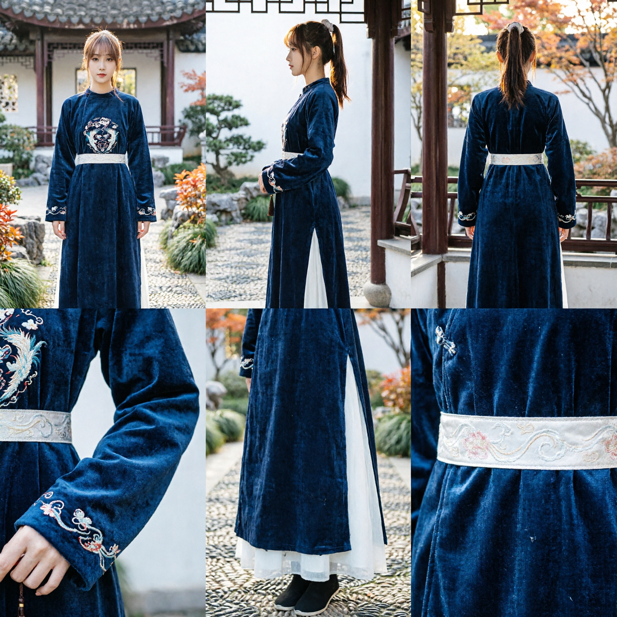 Traditional Chinese Ming Dynasty Hanfu Blue Embroidered Round Collar Robe Costume for Women