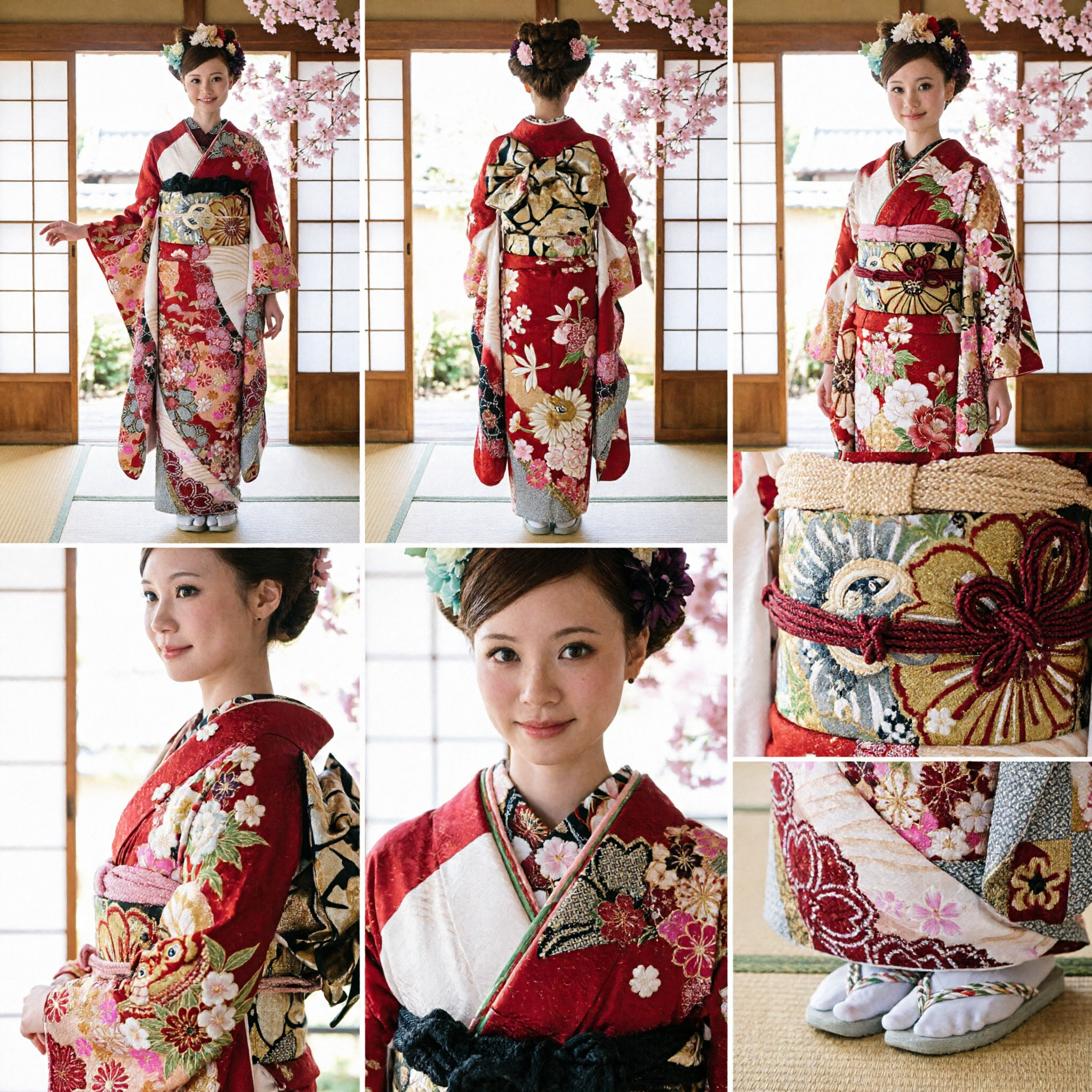 Traditional Japanese Red Floral Kimono Complete Outfit for Women Geisha Maiko Cosplay Party