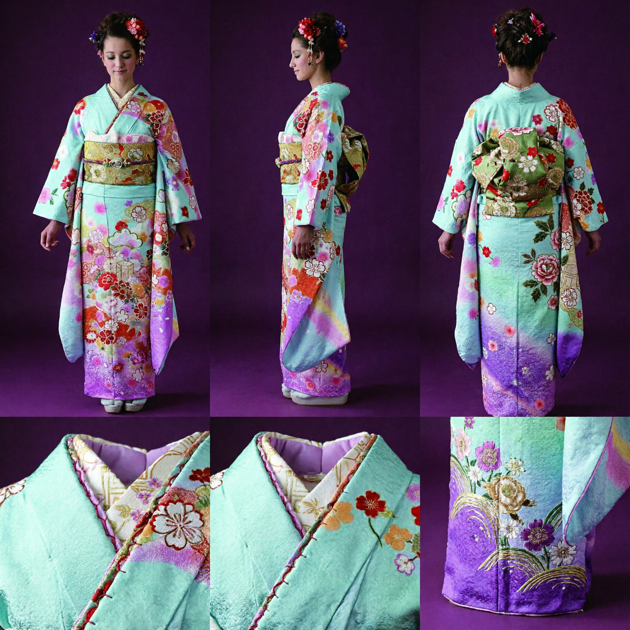Women's Traditional Japanese Kimono Floral Blue and Pink Gradient Full Set for Wedding Tea Ceremony Cosplay