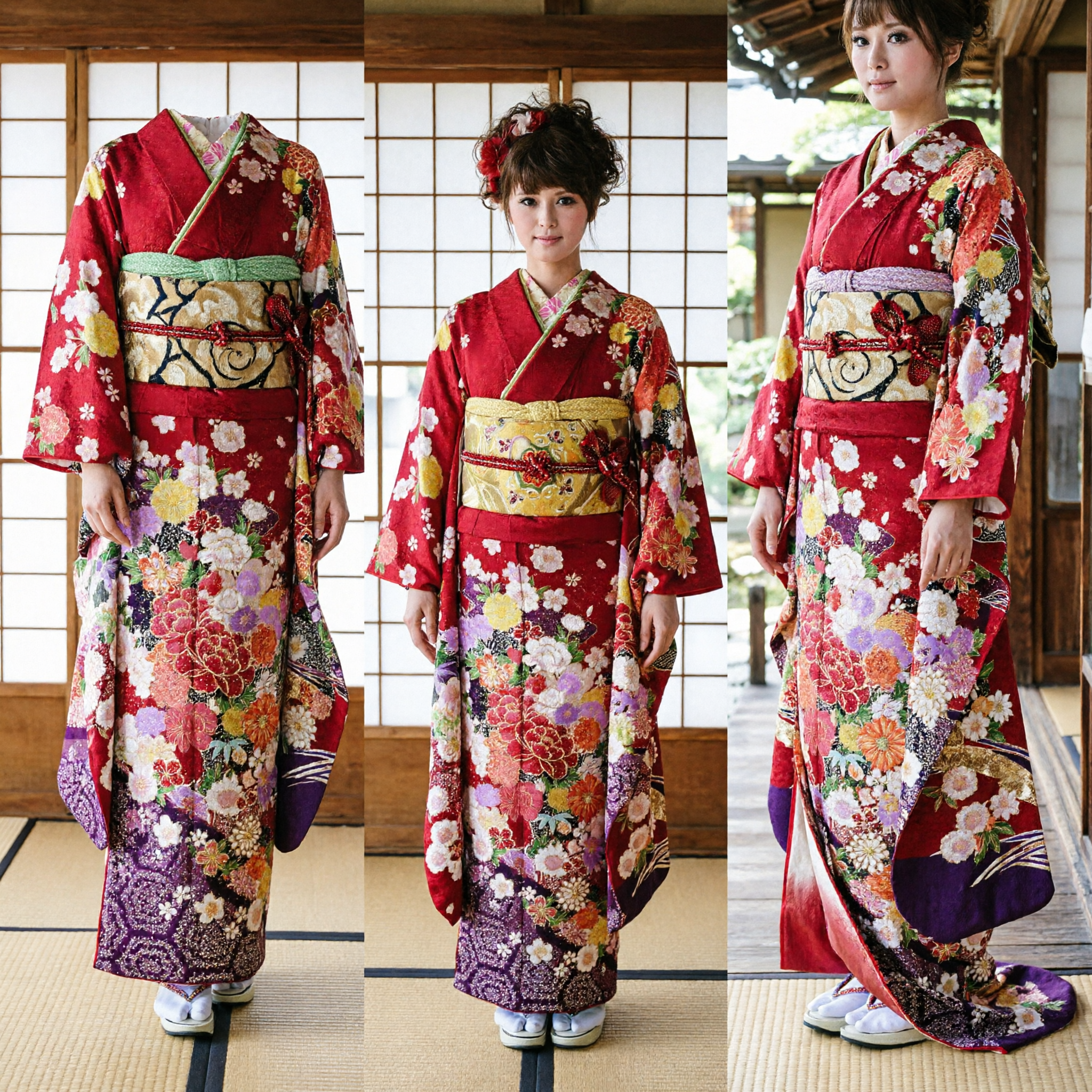 Traditional Japanese Red Floral Kimono Costume for Women Geisha Cosplay Dress with Obi Sash