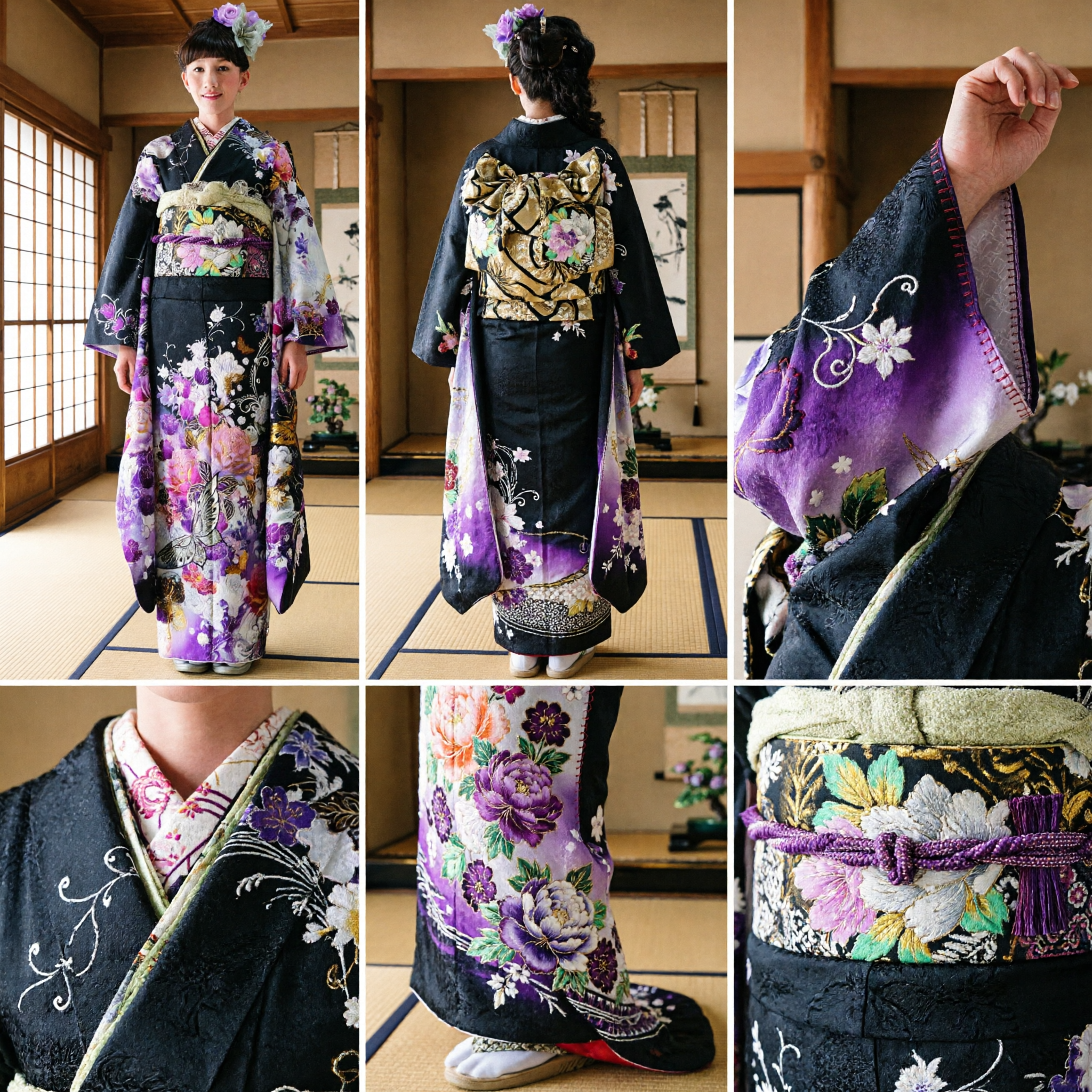 Traditional Japanese Black Furisode Kimono with Purple Floral Pattern for Women Coming of Age Ceremony Costume