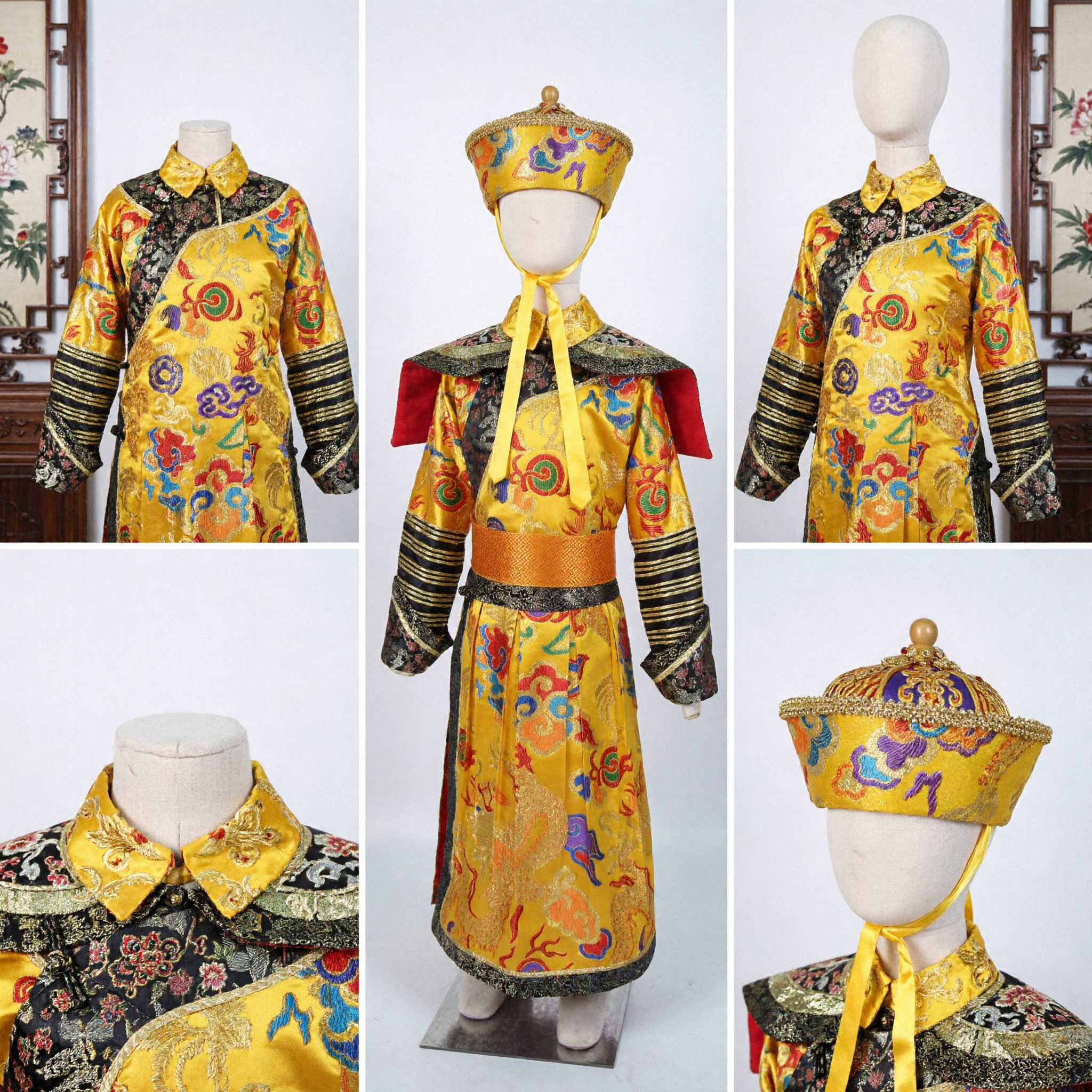 Traditional Chinese Qing Dynasty Emperor Dragon Robe Costume Yellow Imperial Outfit Complete Set for Cosplay Stage Performance