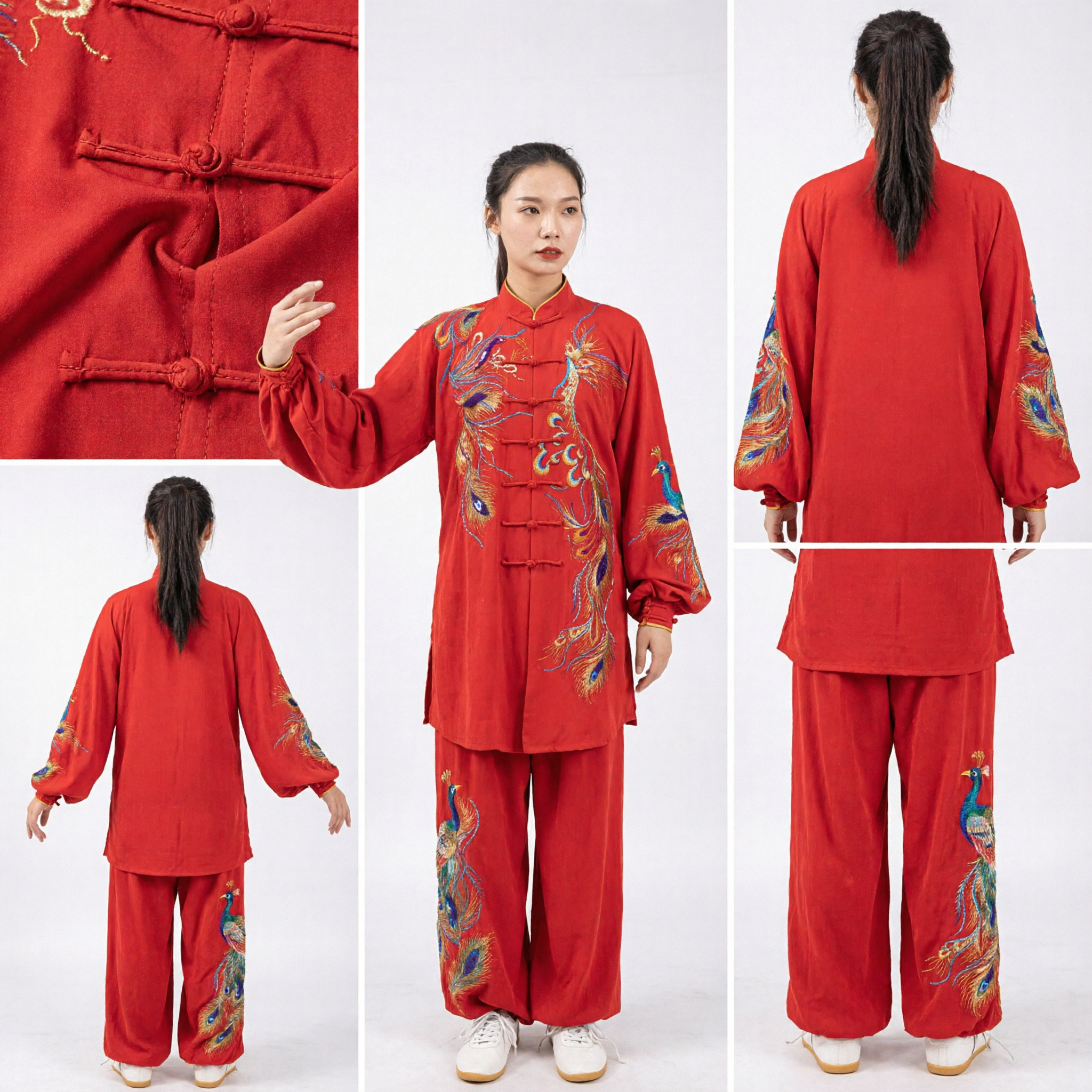 Red Peacock Embroidery Tai Chi Uniform Women Traditional Chinese Kung Fu Suit Martial Arts Top and Pants