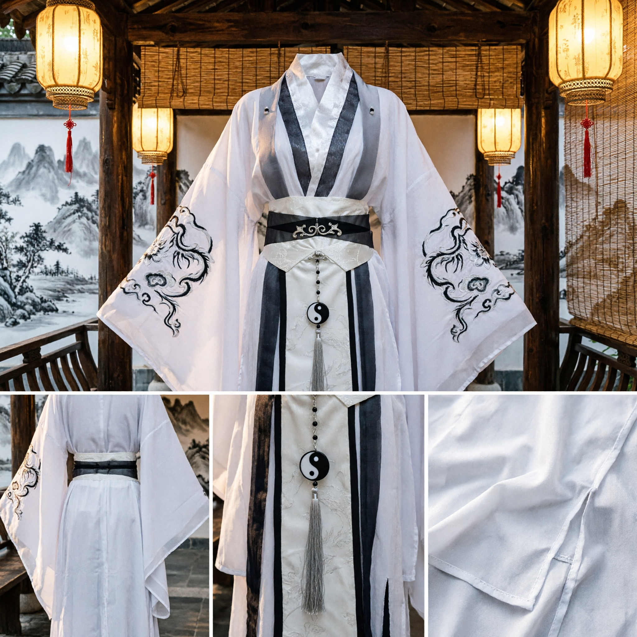 Men's Traditional Chinese Hanfu Taoist Priest Robe White Ancient Swordsman Cosplay Costume for Performance