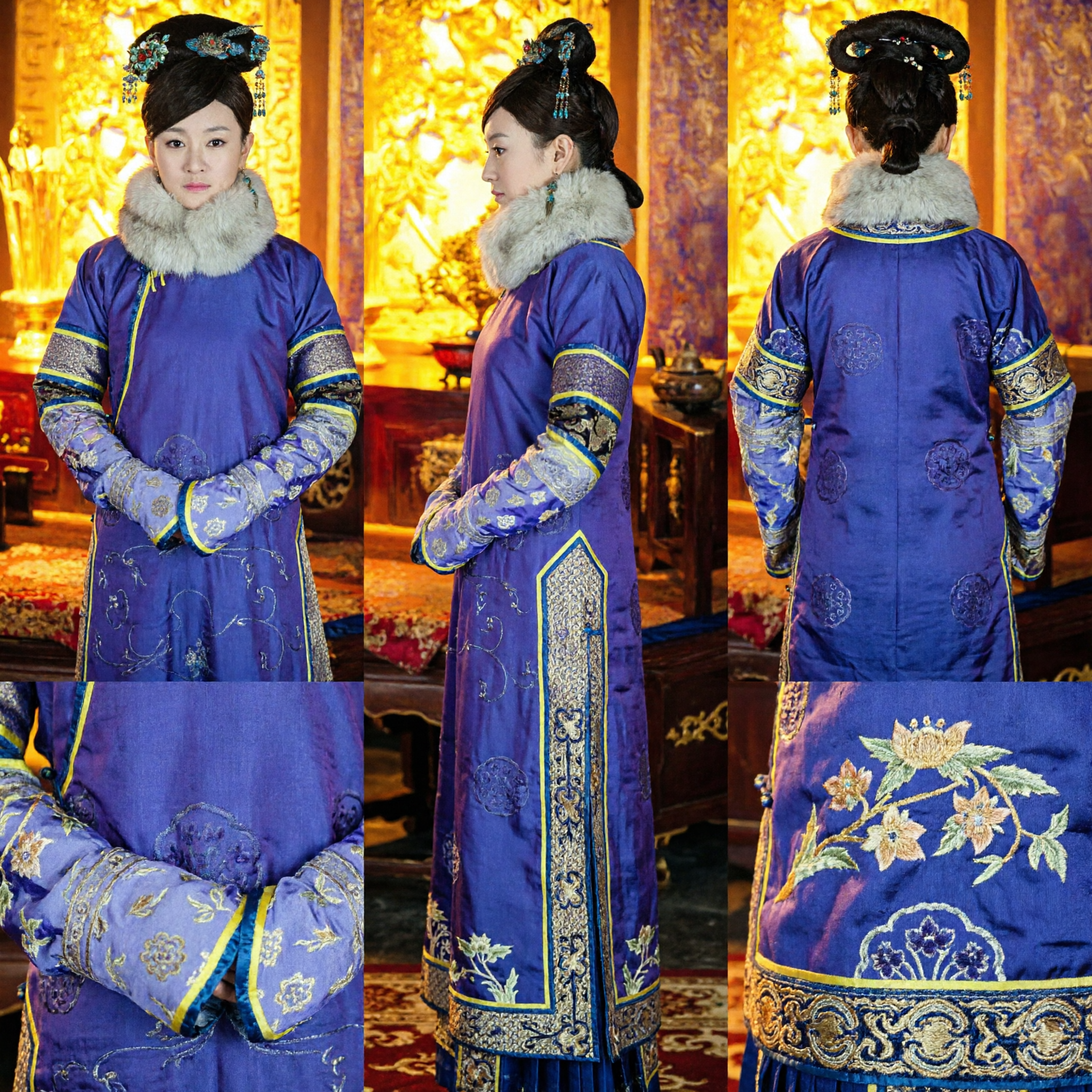 Ancient Chinese Qing Dynasty Manchu Princess Blue Embroidered Robe Costume with Fur Collar for Women