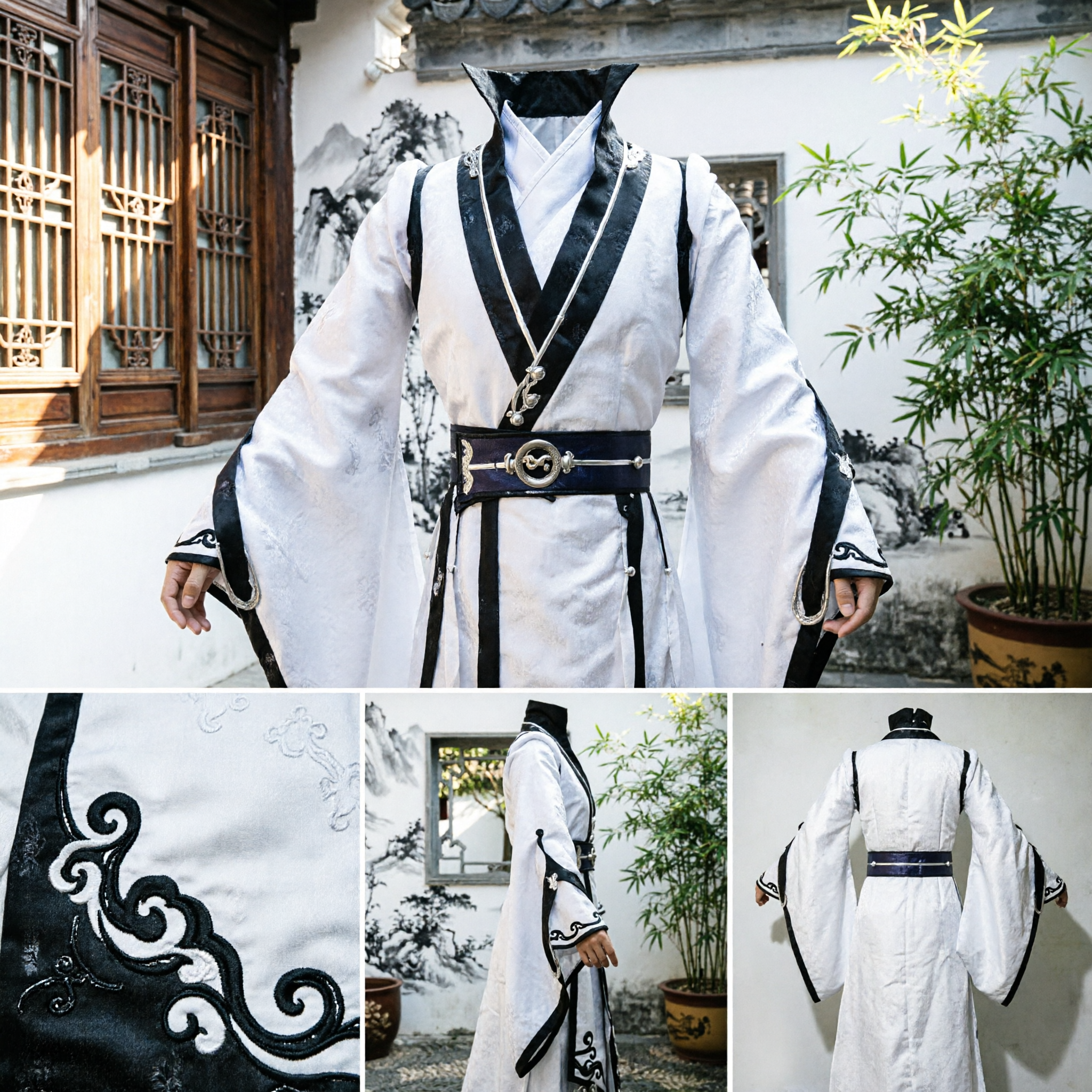 Traditional Chinese Wuxia Swordsman White Hanfu Costume Men Ancient Knight Robe for Cosplay Performance