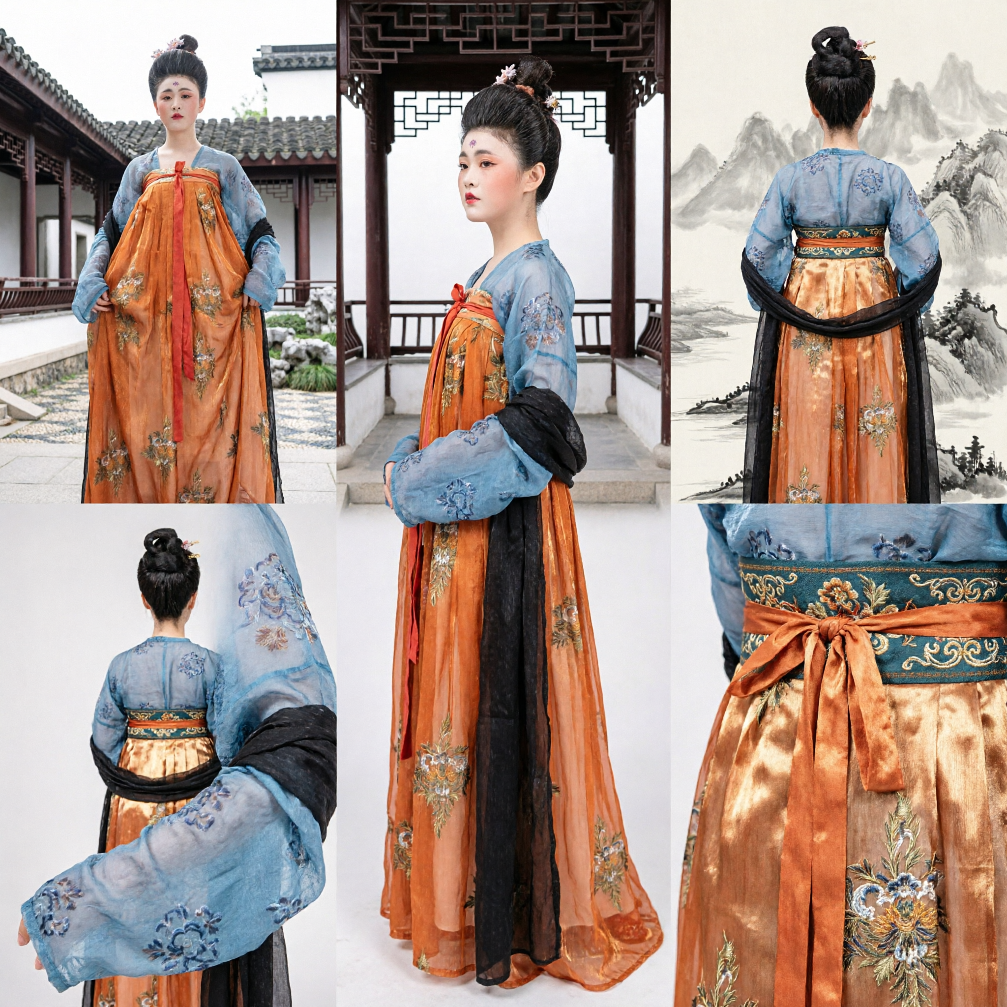 Ancient Chinese Tang Dynasty Palace Lady Hanfu Costume Orange Floral Skirt Blue Top for Women Stage Performance