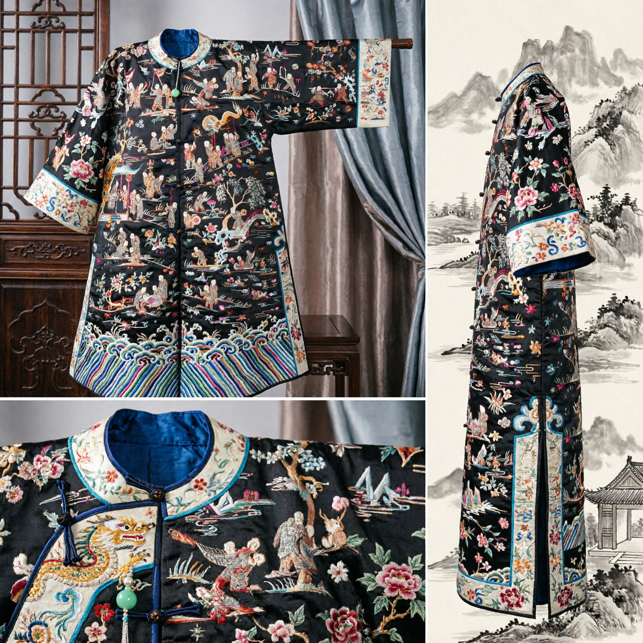 Men's Traditional Chinese Qing Dynasty Black Robe with Colorful Embroidery Peking Opera Costume for Performance