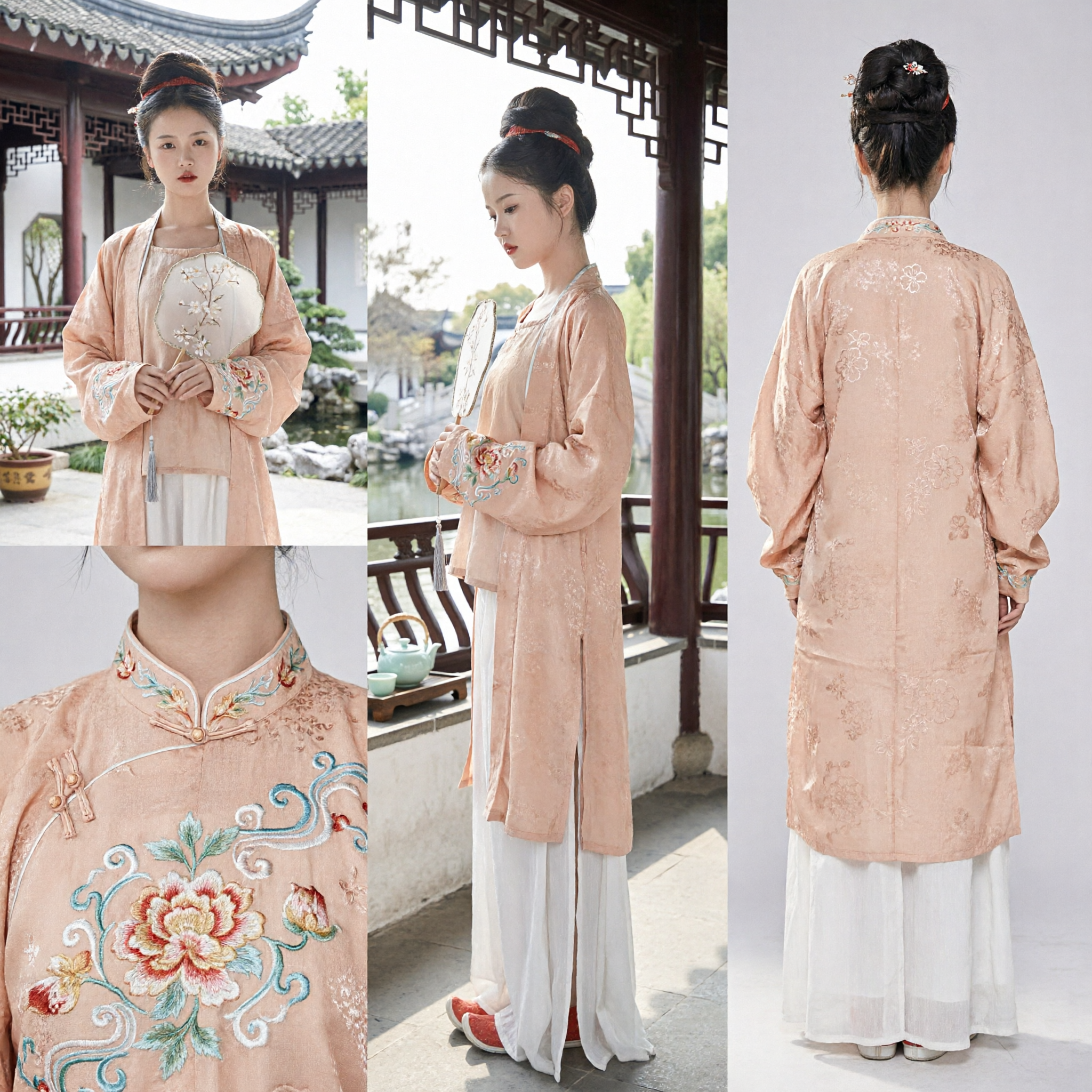 Traditional Chinese Hanfu Song Dynasty Style Peach Embroidered Jacket and White Pants Costume for Women