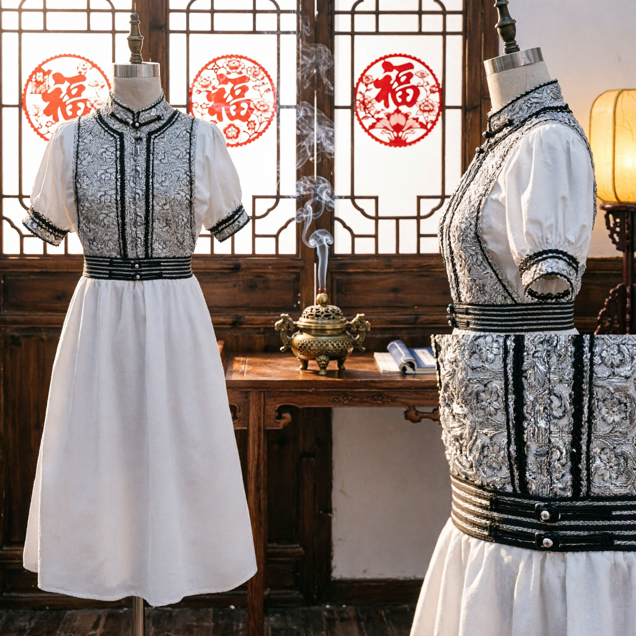 Elegant White Traditional Chinese Folk Dress with Black Embroidery and Puffed Sleeves for Women Stage Performance Costume