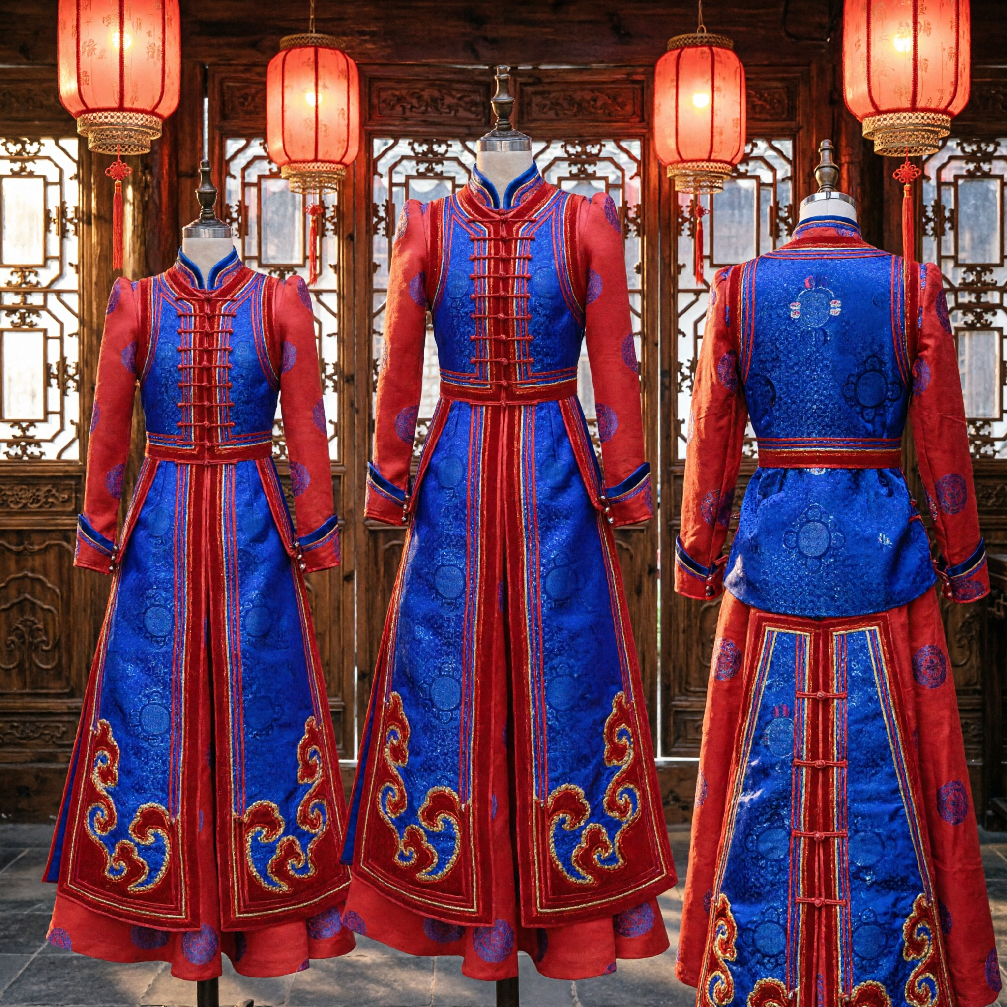 Traditional Chinese Mongolian Robe Women's Blue and Red Embroidered Folk Dance Costume for Stage Performance
