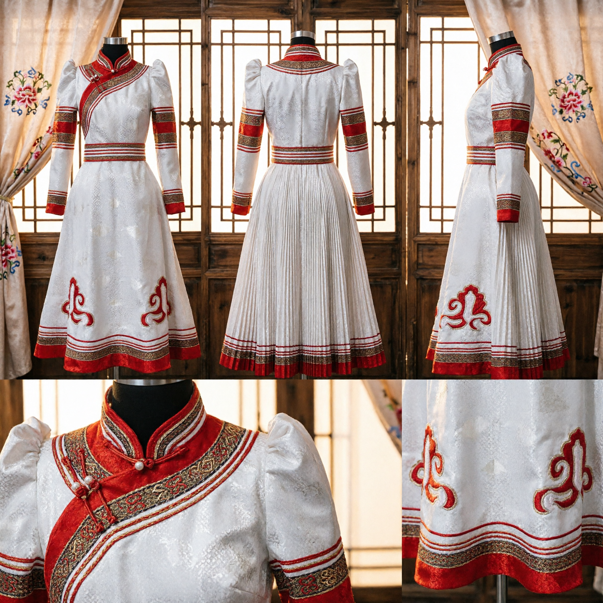 White Mongolian Traditional Dress Ethnic Costume Women's Long Sleeve Robe for Stage Performance