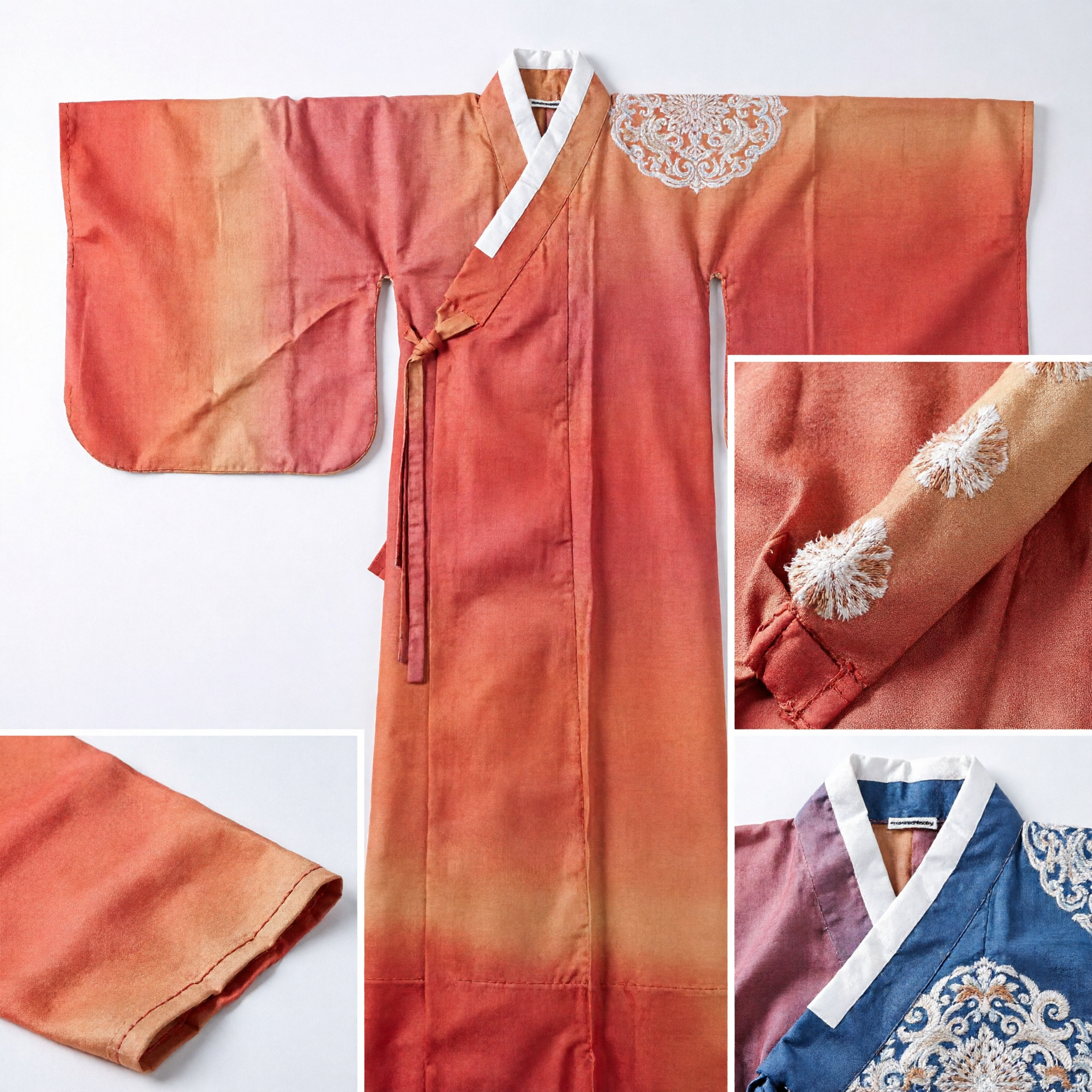 Traditional Chinese Orange Gradient Hanfu Robe with Blue Embroidery Ancient Silk Costume for Performance