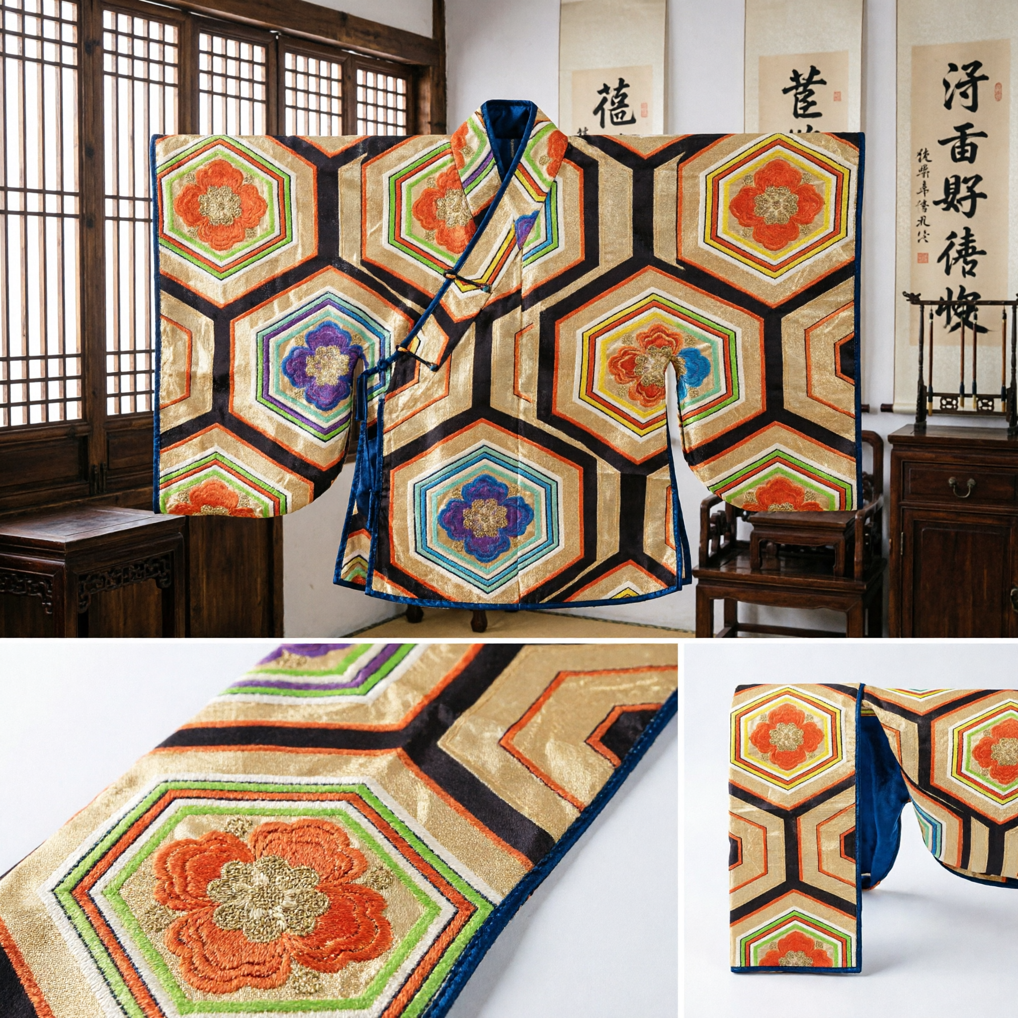 Traditional Asian Gold Brocade Sash with Hexagonal Floral Pattern for Hanfu Kimono Costume and Home Decor