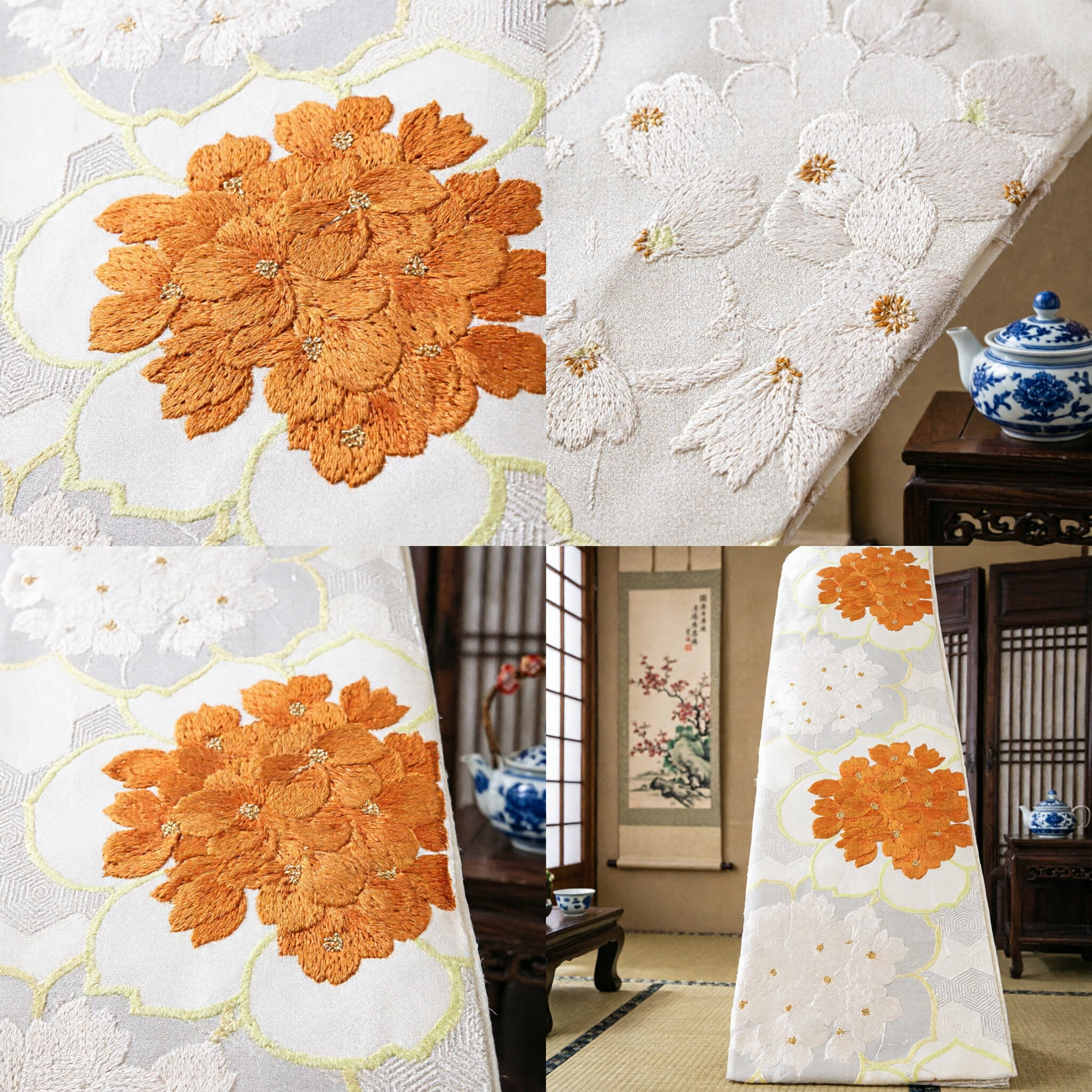 Traditional Asian Silk Brocade Sash Orange Floral Pattern for Kimono Hanfu Wedding Formal Wear
