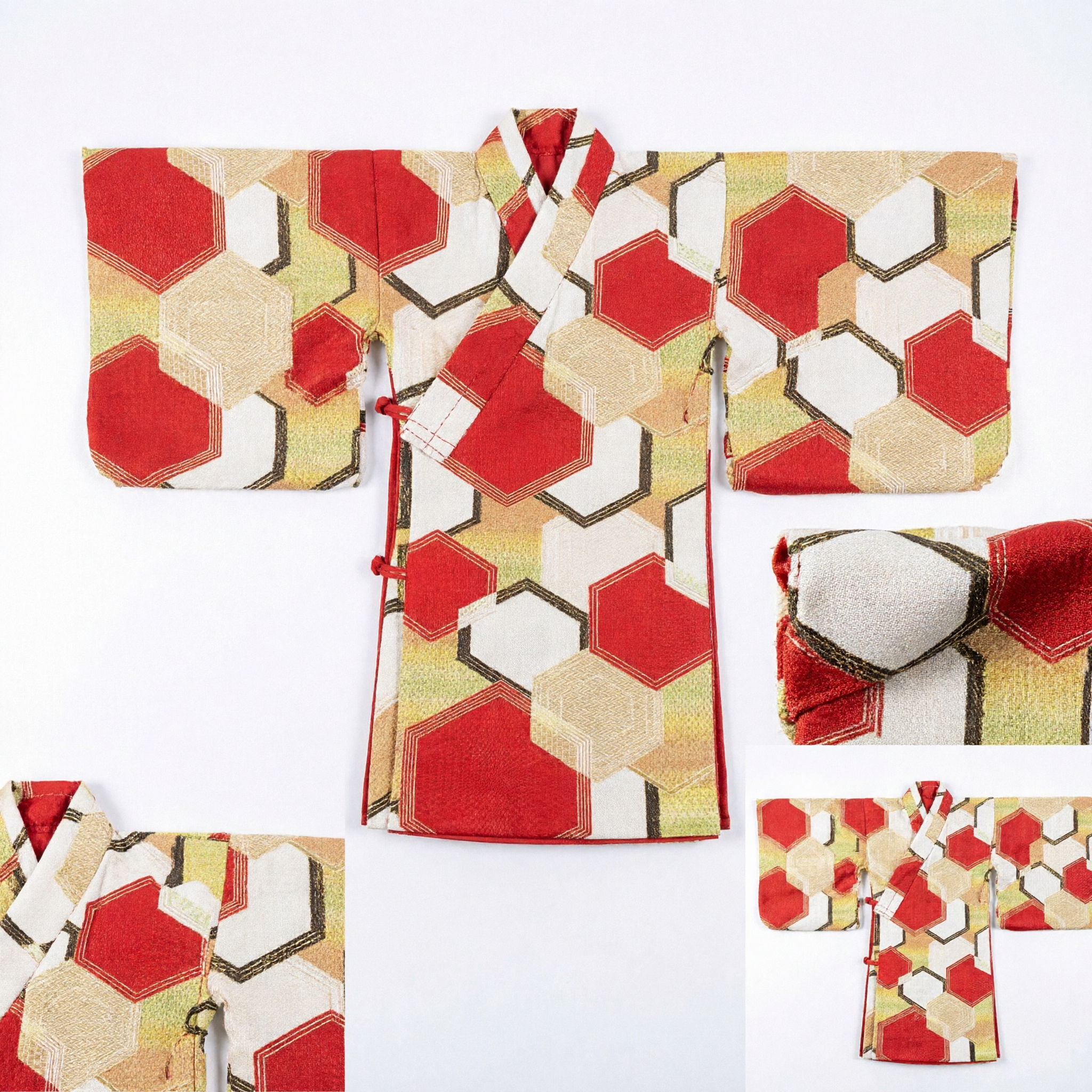 Asian Traditional Red and Gold Hexagon Brocade Sash for Kimono Hanfu Geisha Cosplay Costume