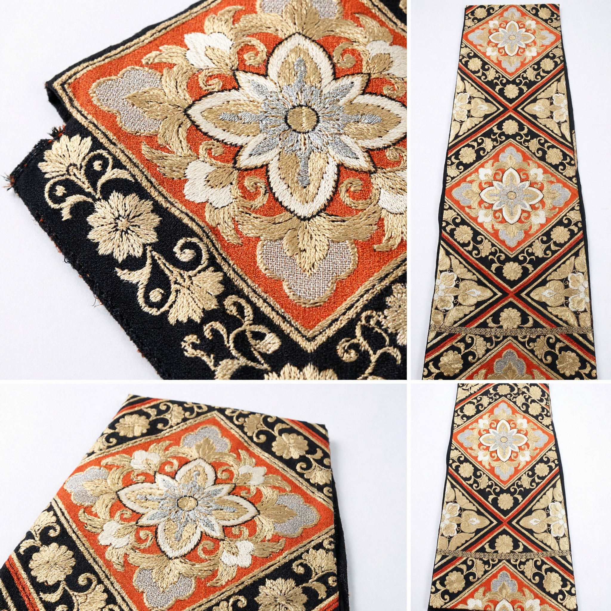 Traditional Chinese Brocade Ribbon Black Gold Floral Diamond Pattern Sash for Hanfu Costume Accessories