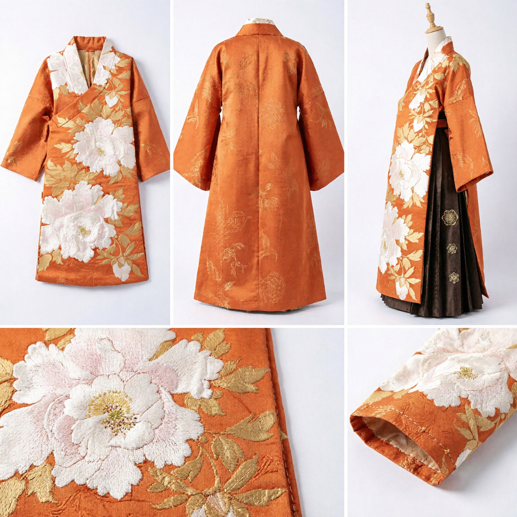 Traditional Chinese Orange Brocade Peony Sash for Women Hanfu Costume Wedding Performance Accessories