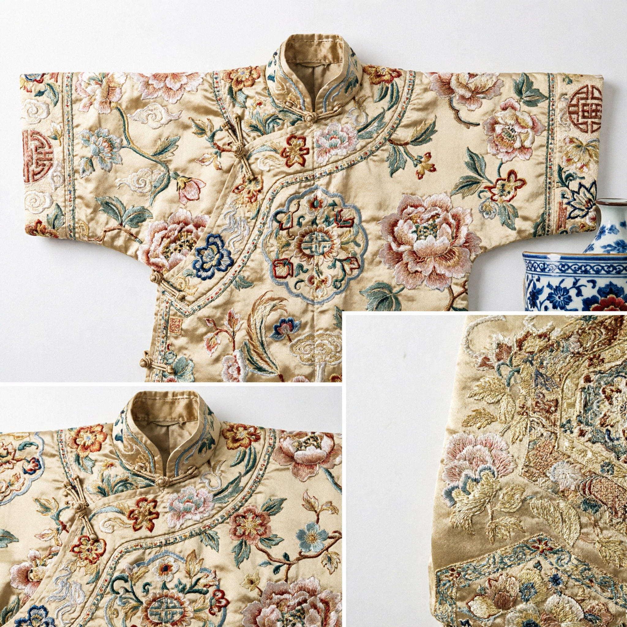 Traditional Chinese Gold Silk Brocade Fabric Ribbon with Floral Pattern for Hanfu Sash and Costume Accessories