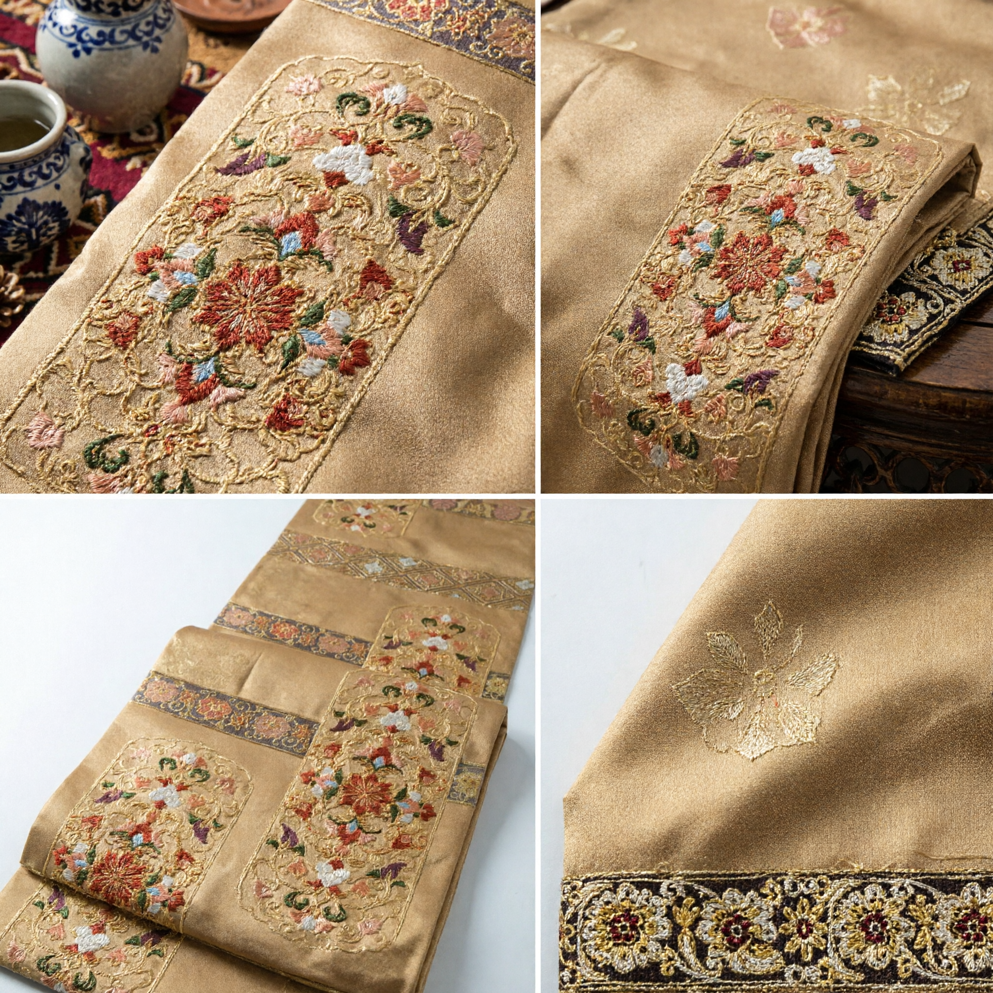 Traditional Chinese Golden Silk Sash with Floral Embroidery for Hanfu Tibetan Wedding and Festival Costume