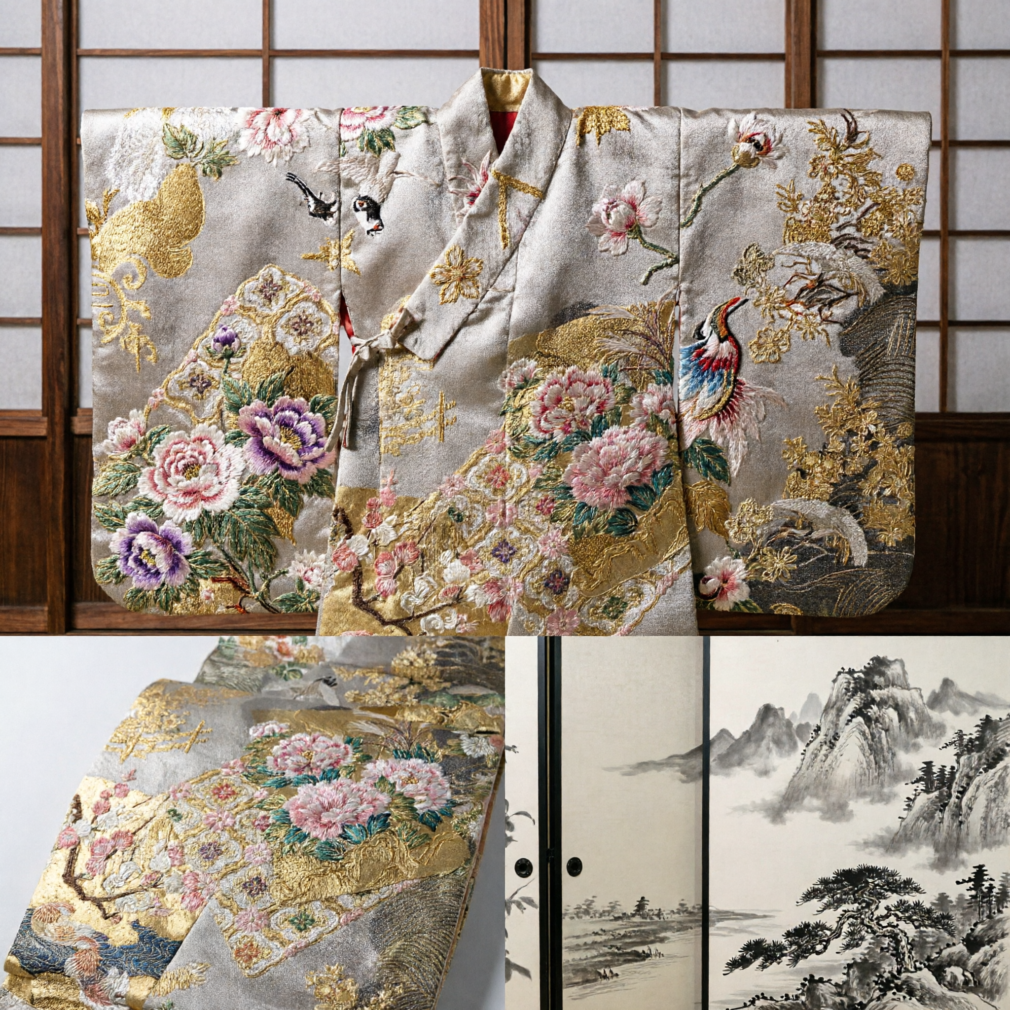 Luxury Traditional Asian Brocade Fabric Gold Crane Peony Pattern Silk Material for Hanfu Kimono Costume Making