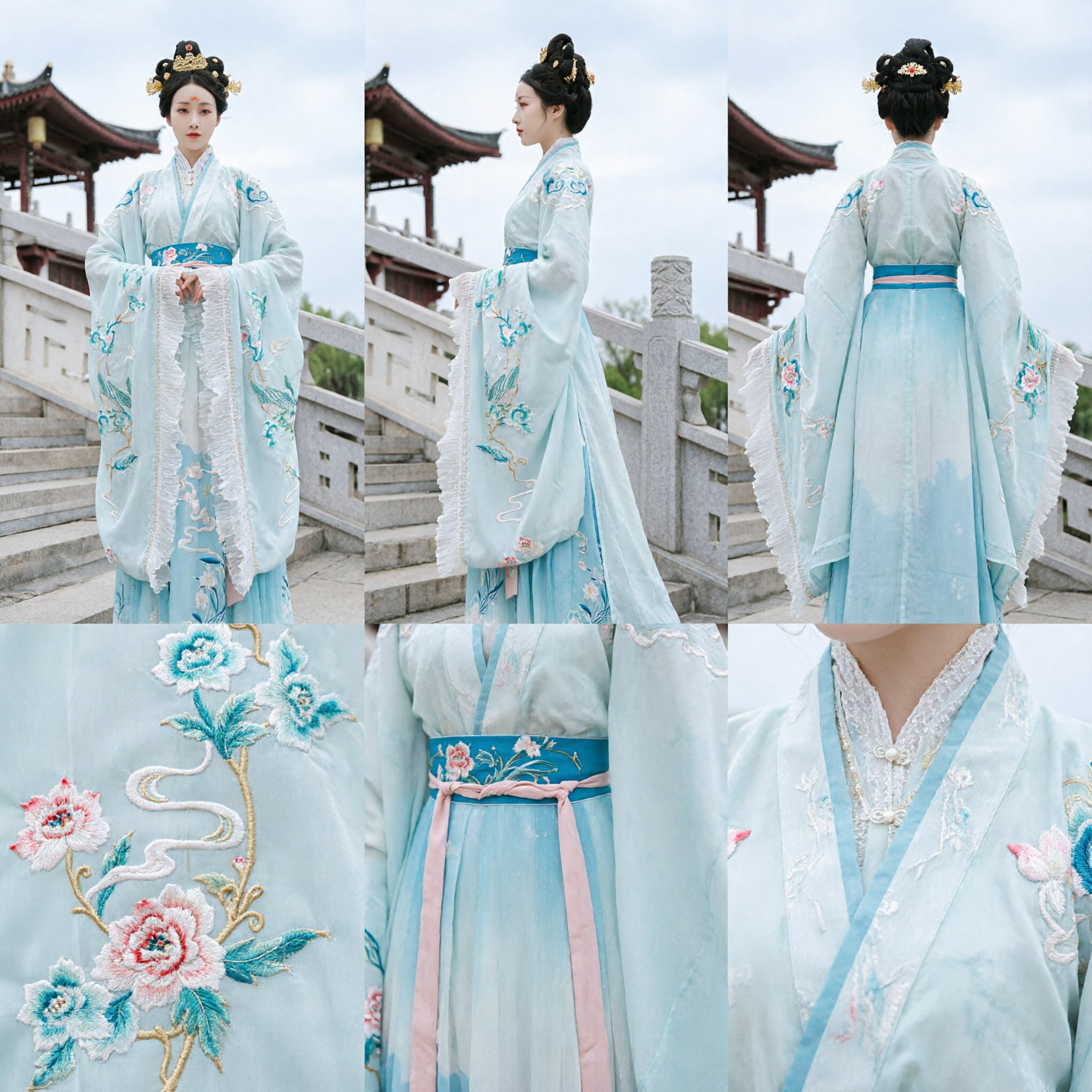 Elegant Traditional Chinese Hanfu Costume Blue Embroidered Fairy Dress Ancient Tang Dynasty Style for Women