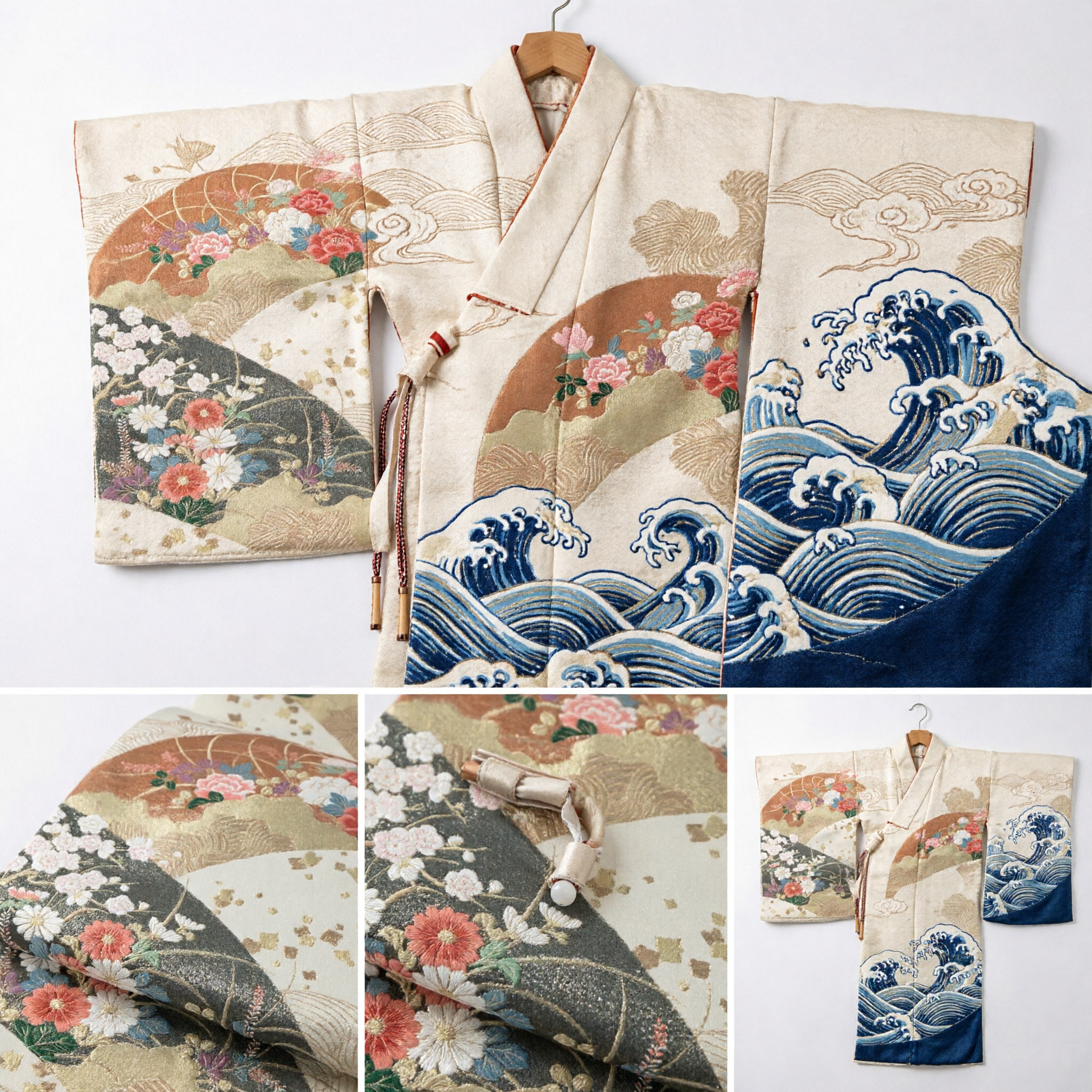 Japanese Traditional Silk Kimono Fabric with Gold Fan and Floral Pattern for Women's Costume DIY Sewing