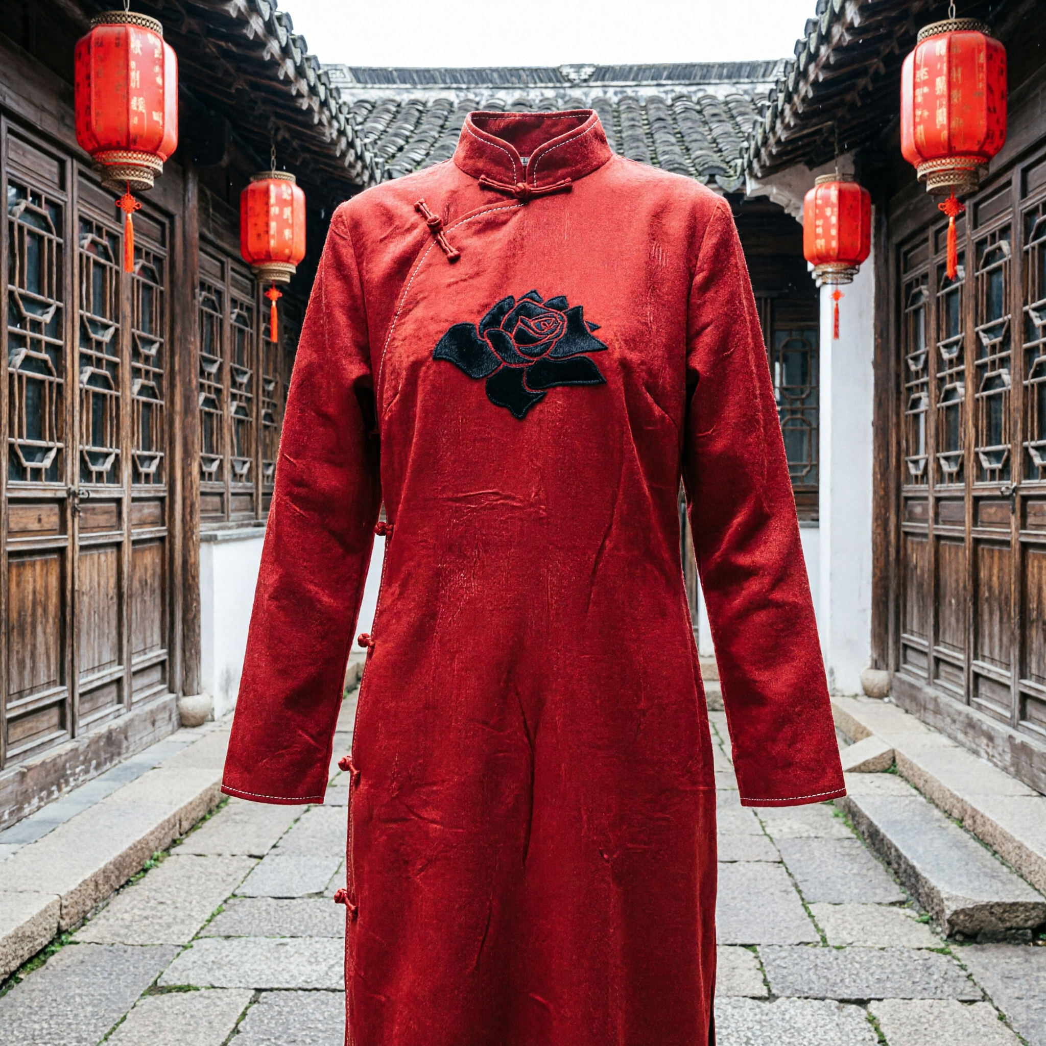 Traditional Chinese Red Silk Sash with Black Rose Motif Wedding Bridal Stole Folk Dance Performance Accessory