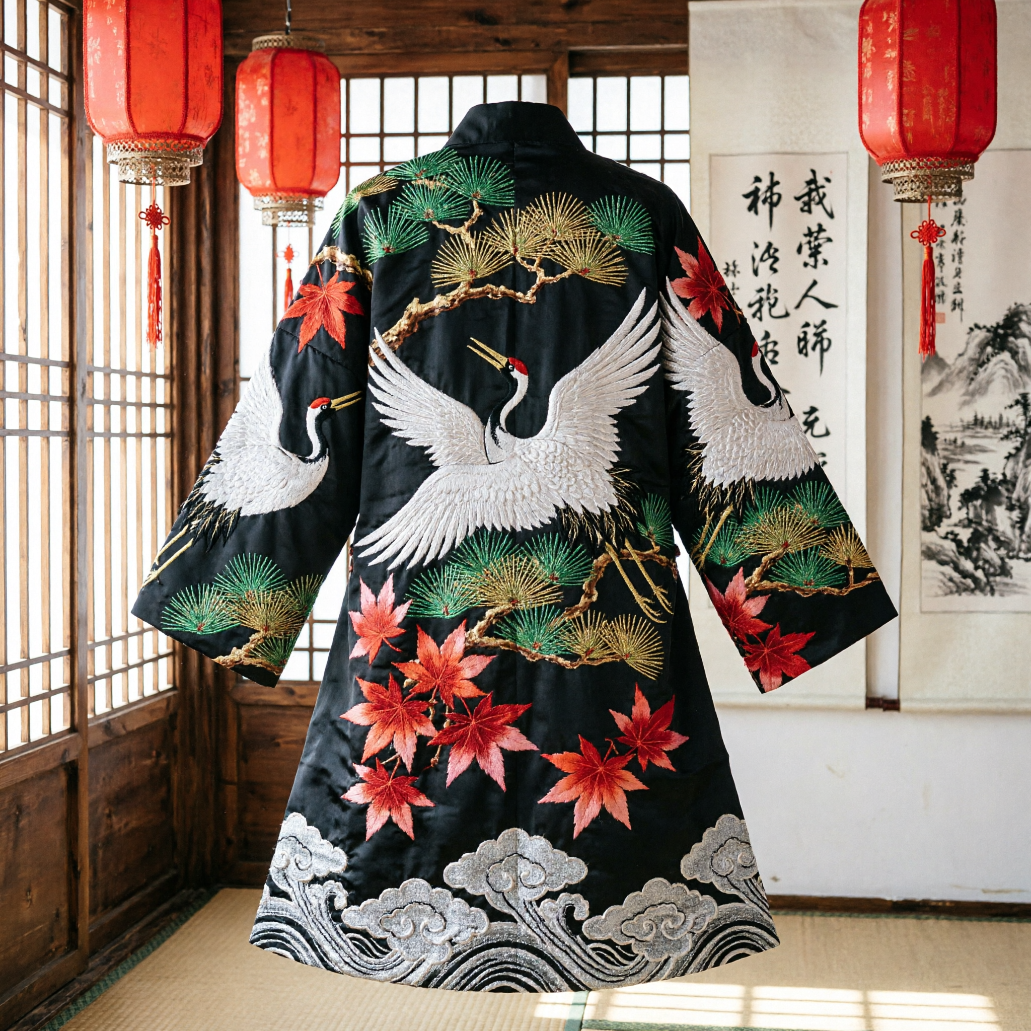 Traditional Chinese Black Silk Scarf with Auspicious Crane and Pine Patterns for Hanfu Costume Accessories