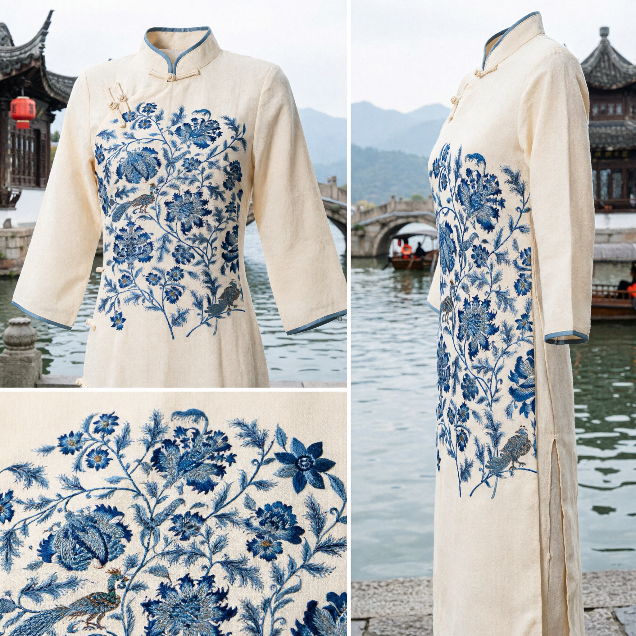 Traditional Chinese Blue and White Floral Silk Fabric Panel for Hanfu Costume Making and Cultural Accessories