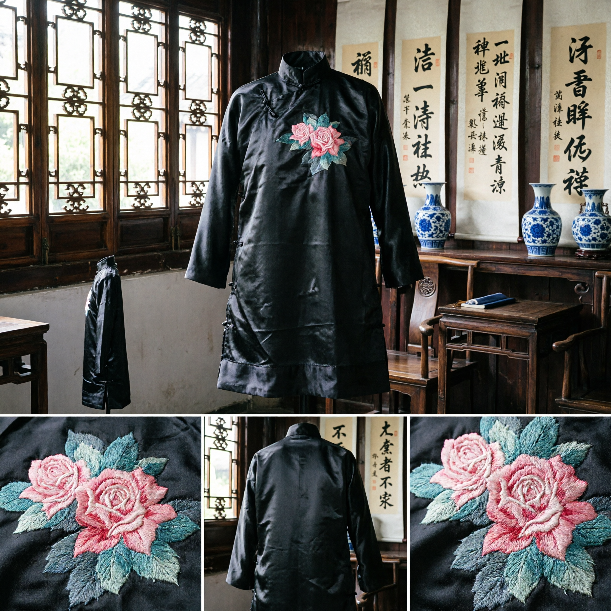 Traditional Chinese Black Velvet Scarf with Pink Rose Embroidery Hanfu Qipao Accessory for Women