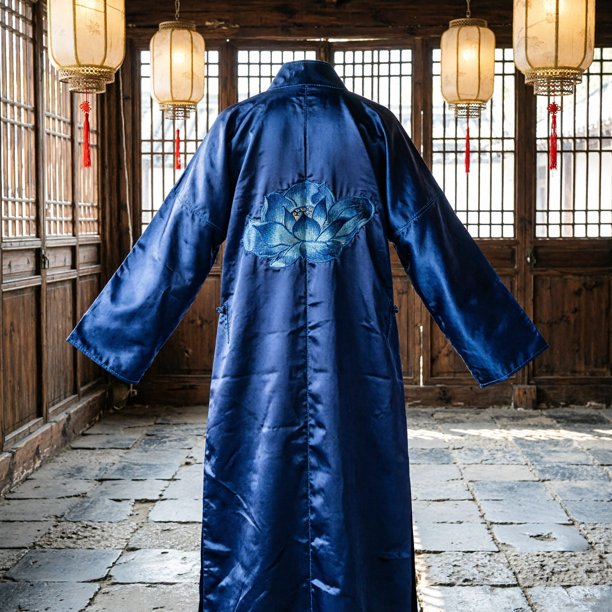 Traditional Chinese Blue Silk Robe with Floral Embroidery Long Hanfu Coat for Adults Stage Performance