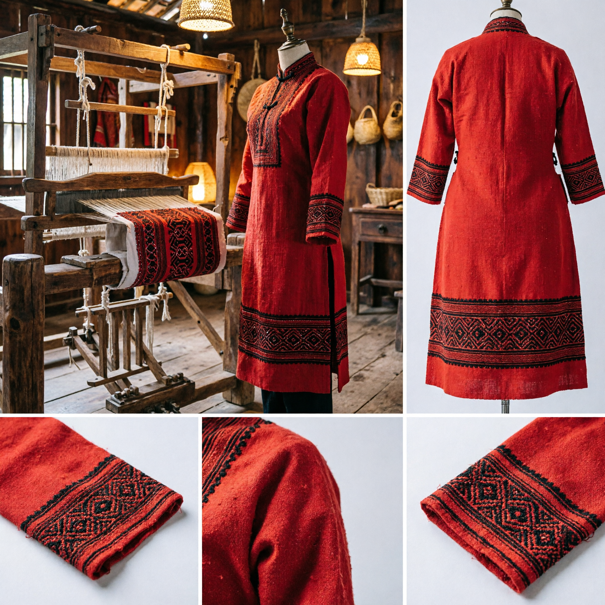 Traditional Chinese Red and Black Geometric Striped Fabric for Ethnic Minority Costume Making and DIY Projects