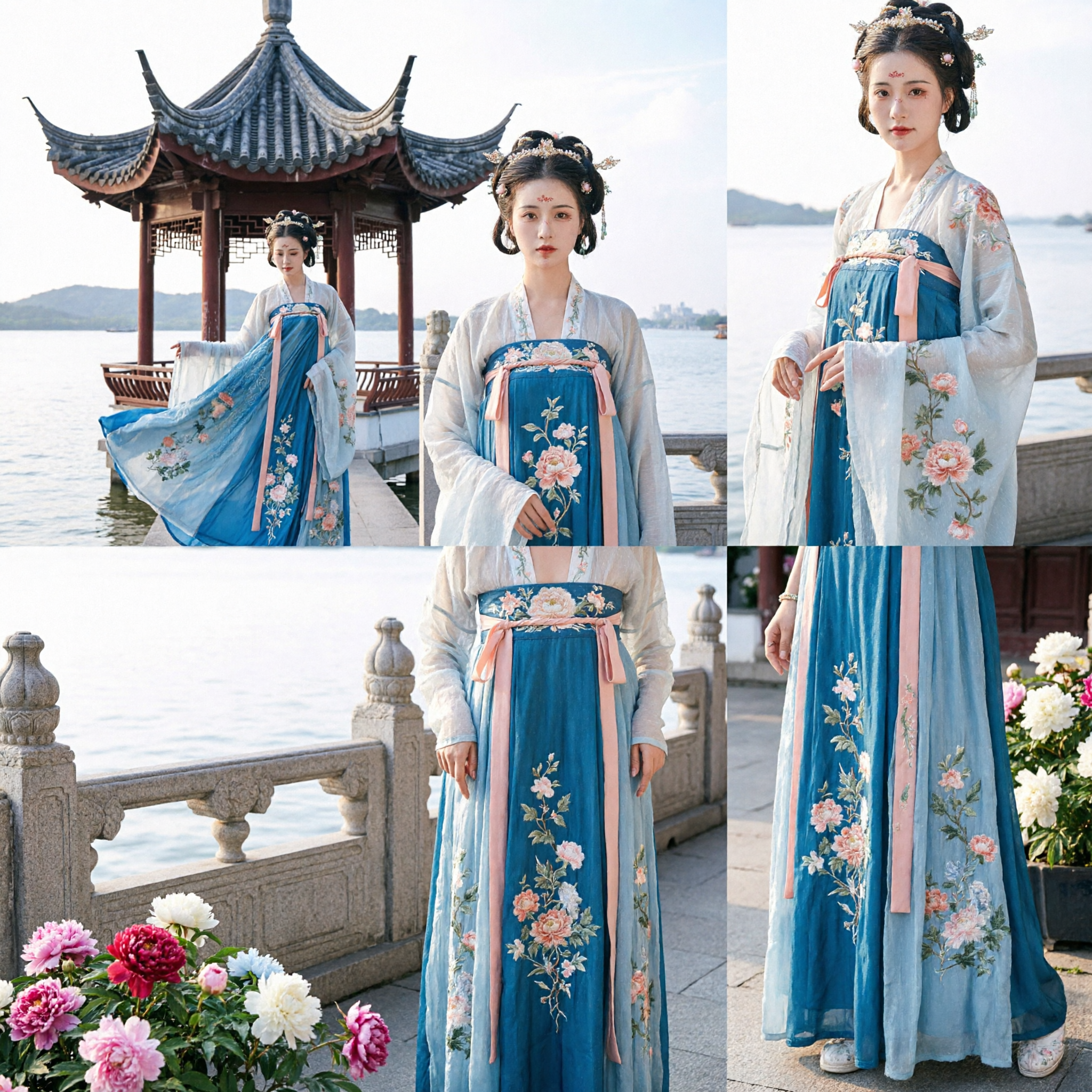 Elegant Blue Tang Dynasty Hanfu Dress Traditional Chinese Floral Embroidered Costume for Women Photography and Cosplay