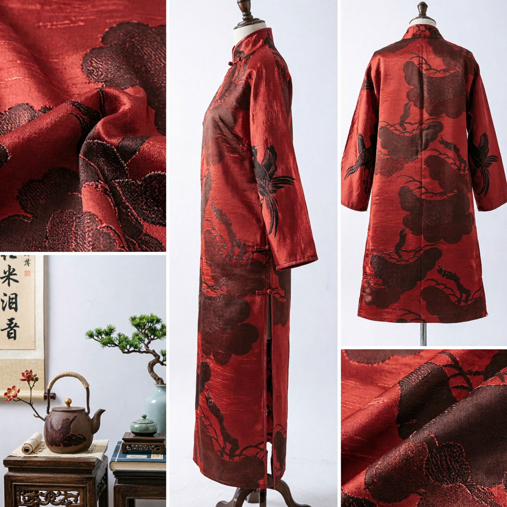 Traditional Chinese Red Silk Brocade Fabric with Pine Tree Pattern for Hanfu Costume and Tang Suit Making