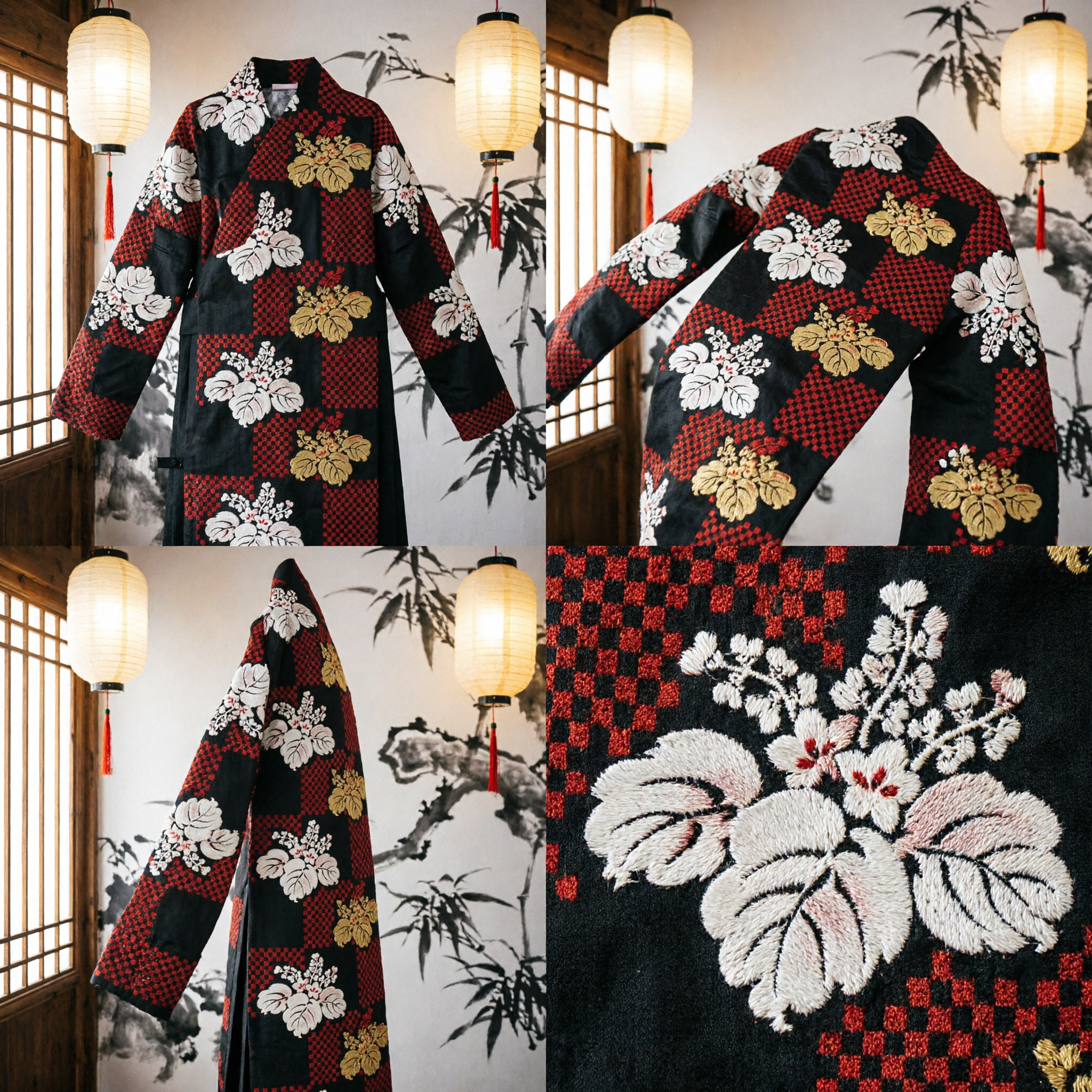 Traditional Japanese Kimono Obi Sash Red Black Checkerboard Floral Pattern Belt for Women Cosplay