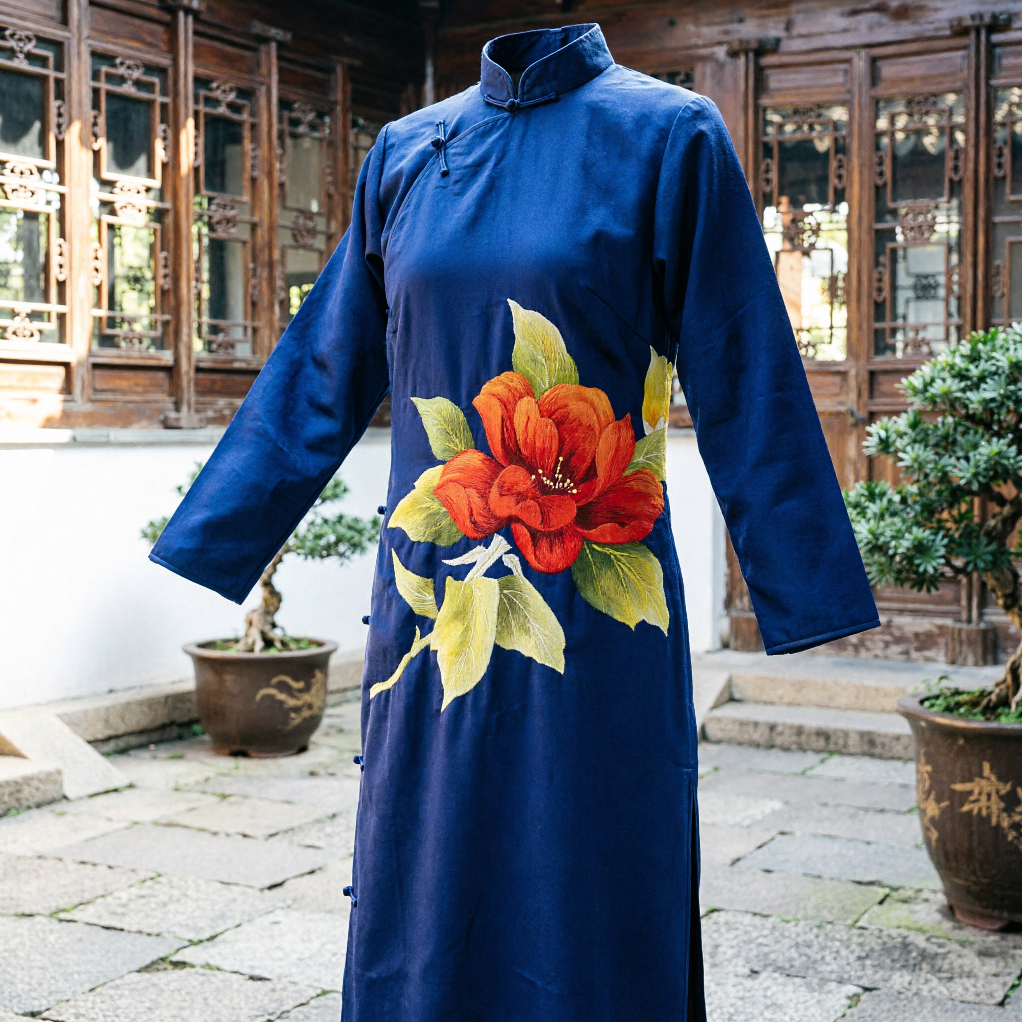 Elegant Royal Blue Silk Scarf with Peony Embroidery Traditional Chinese Qipao Accessory for Women