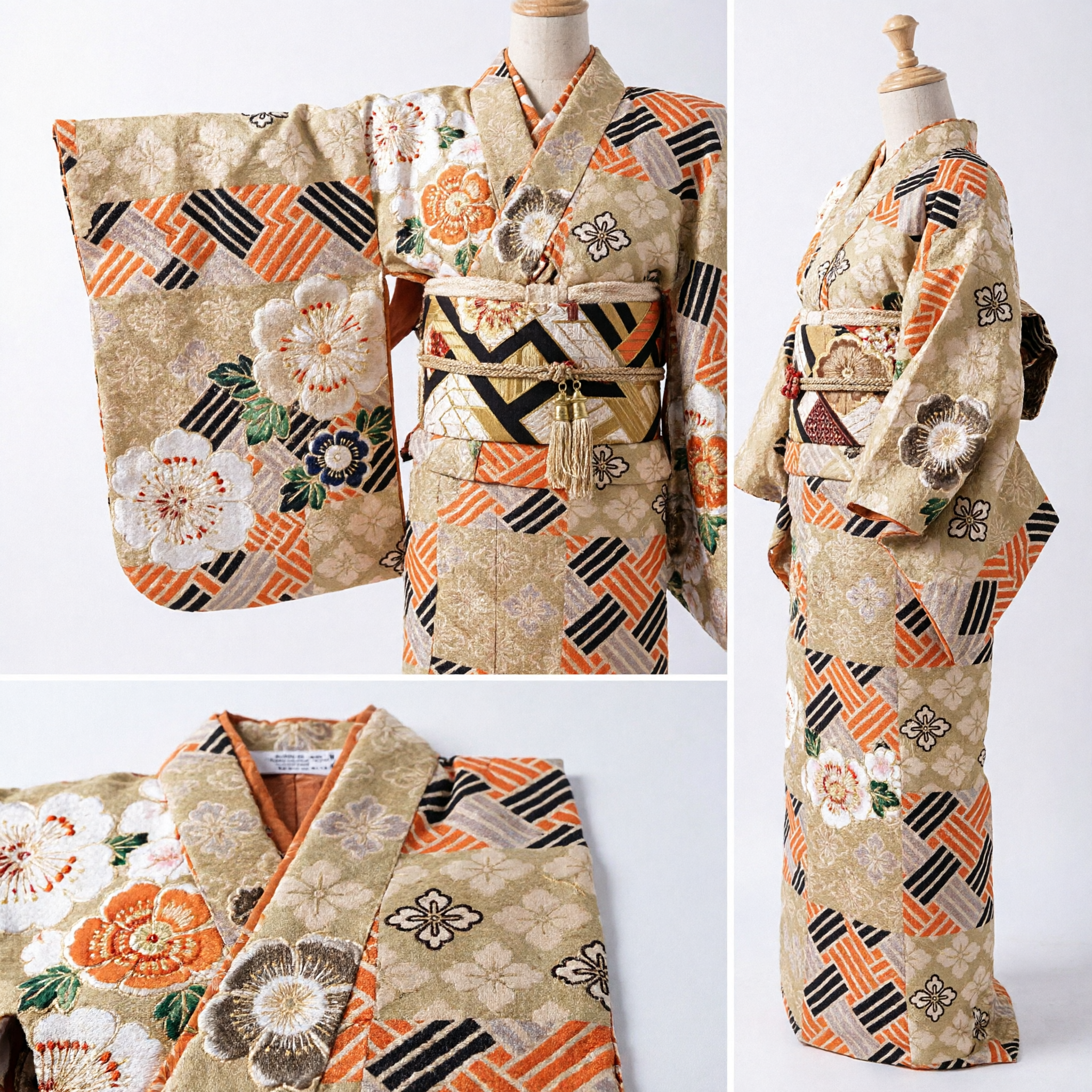 Elegant Traditional Japanese Kimono Obi Sash featuring Gold Floral and Orange Geometric Patterns for Women
