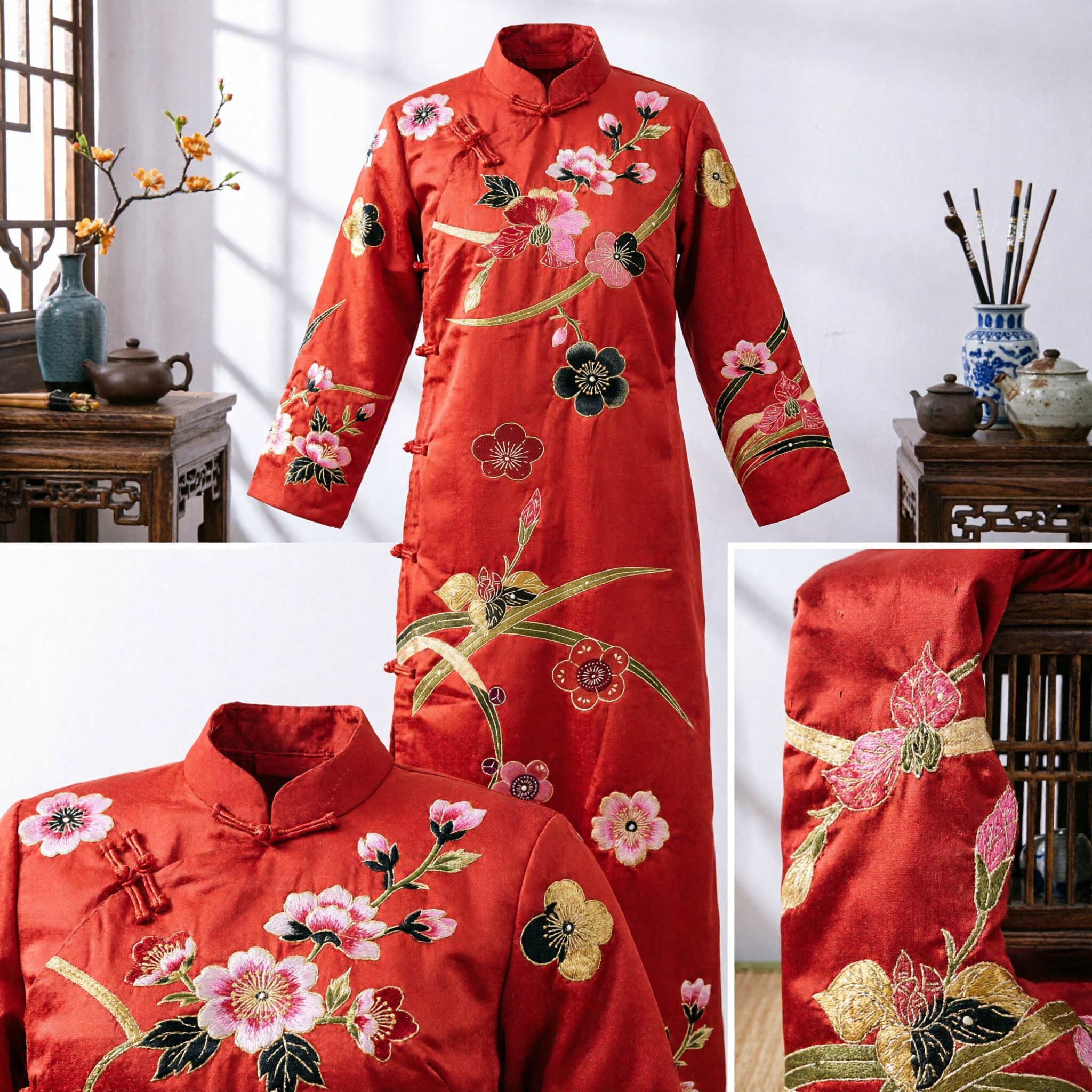 Traditional Chinese Red Silk Sash Plum Blossom Pattern Hanfu Costume Belt Accessory for Women