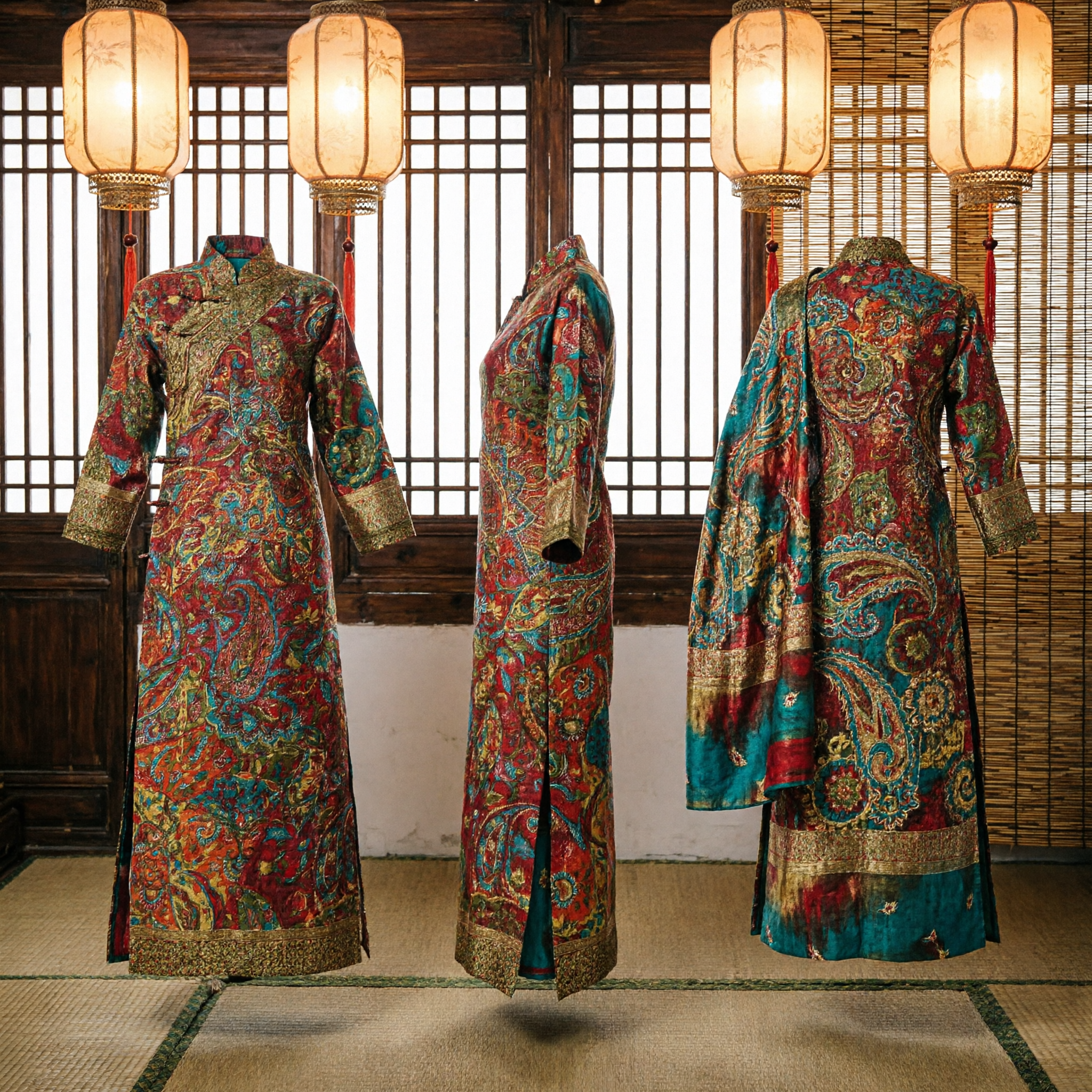 Traditional Chinese Red Silk Brocade Fabric with Vibrant Paisley Pattern for Hanfu Costume Making and Decor