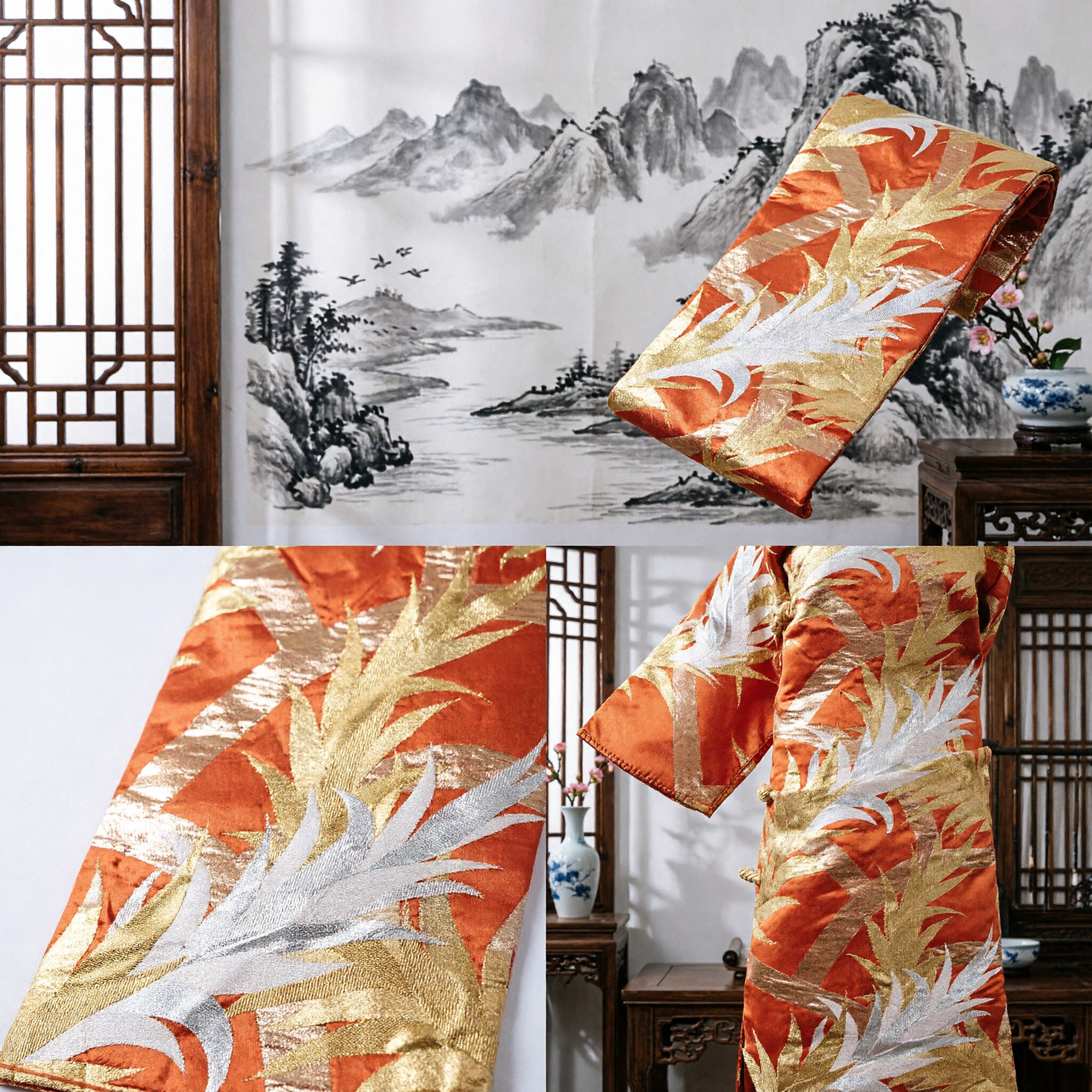 Traditional Chinese Orange Brocade Sash with Gold and White Phoenix Feather Pattern for Hanfu Costume