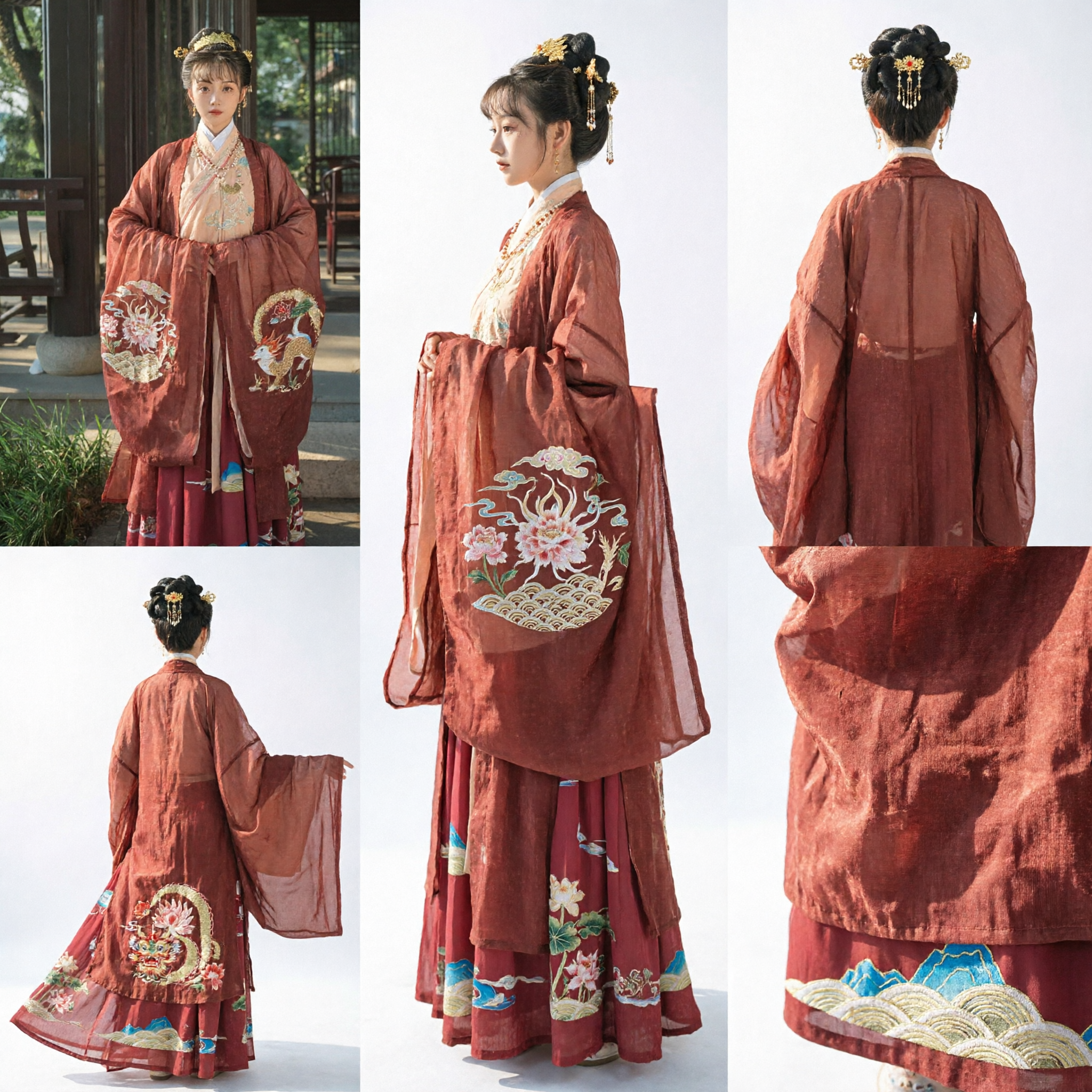 Chinese Traditional Hanfu Costume Tang Dynasty Ancient Princess Embroidered Wide Sleeve Red Dress for Women