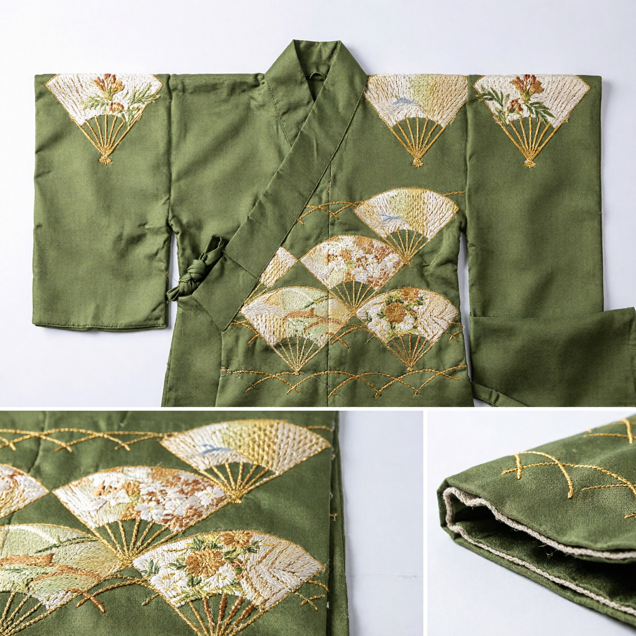 Elegant Olive Green Japanese Kimono Obi Sash with Gold Fan Embroidery for Women Traditional Formal Occasions
