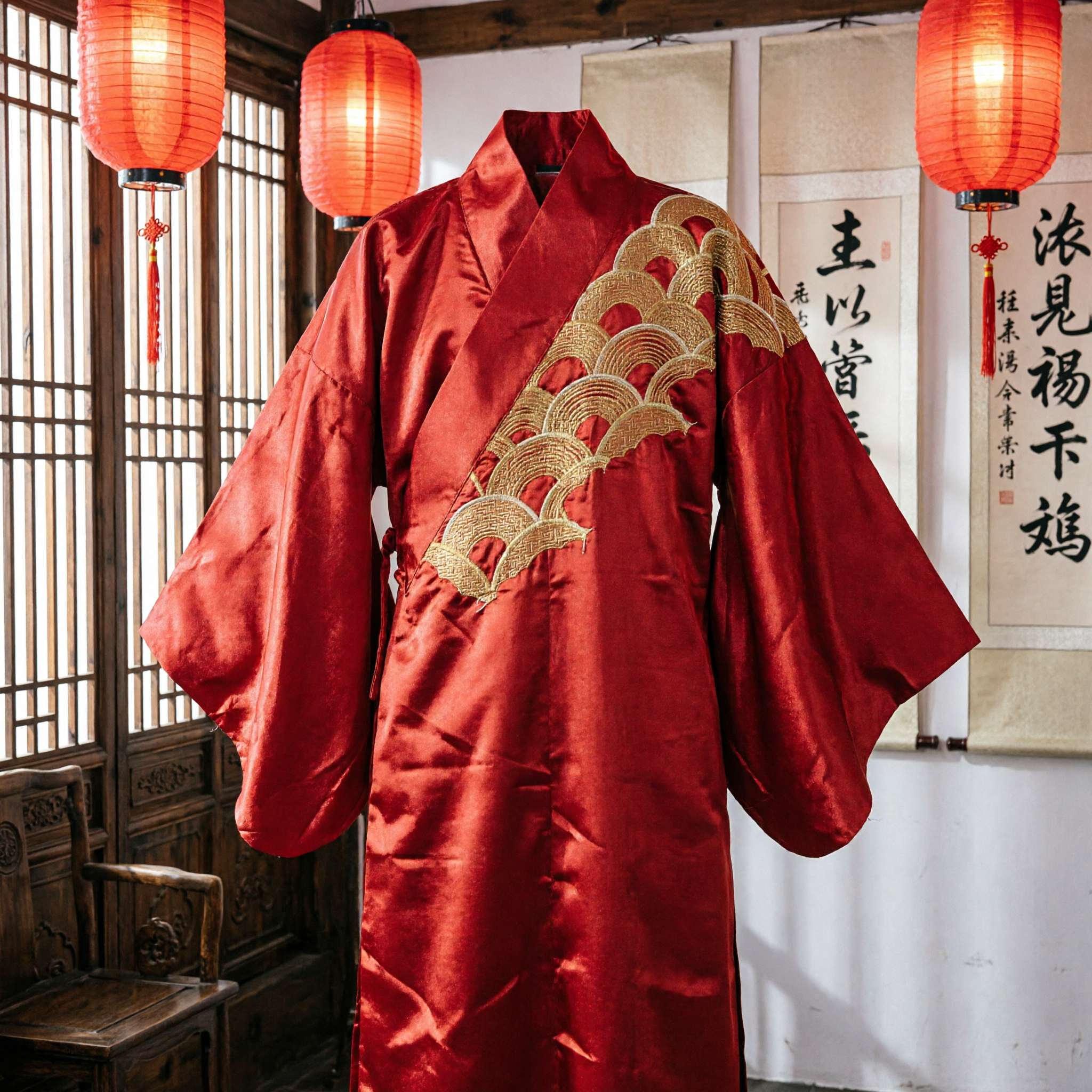 Traditional Chinese Red Sash with Gold Embroidered Wave Pattern for Hanfu and Martial Arts Costumes